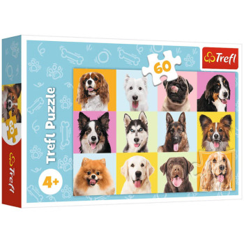Puzzle 60 el. Trefl z motywem psów piesków dla dzieci od 4 lat.