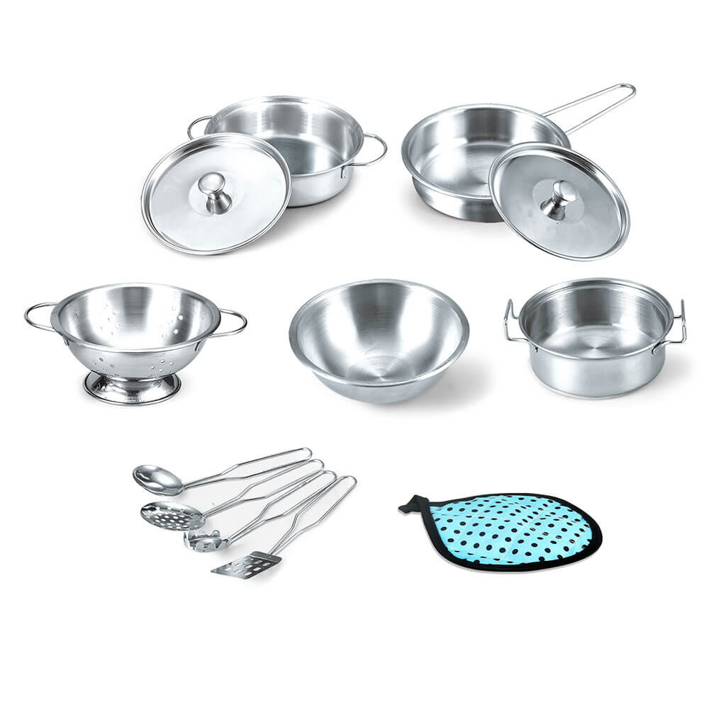 Metalowy zestaw garnków i naczyń kuchennych dla dzieci - 12 elementów
