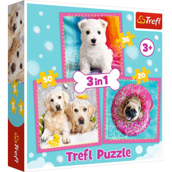 Trefl Puzzle 3w1 | Pieski w kąpieli, puzzle z motywem piesków