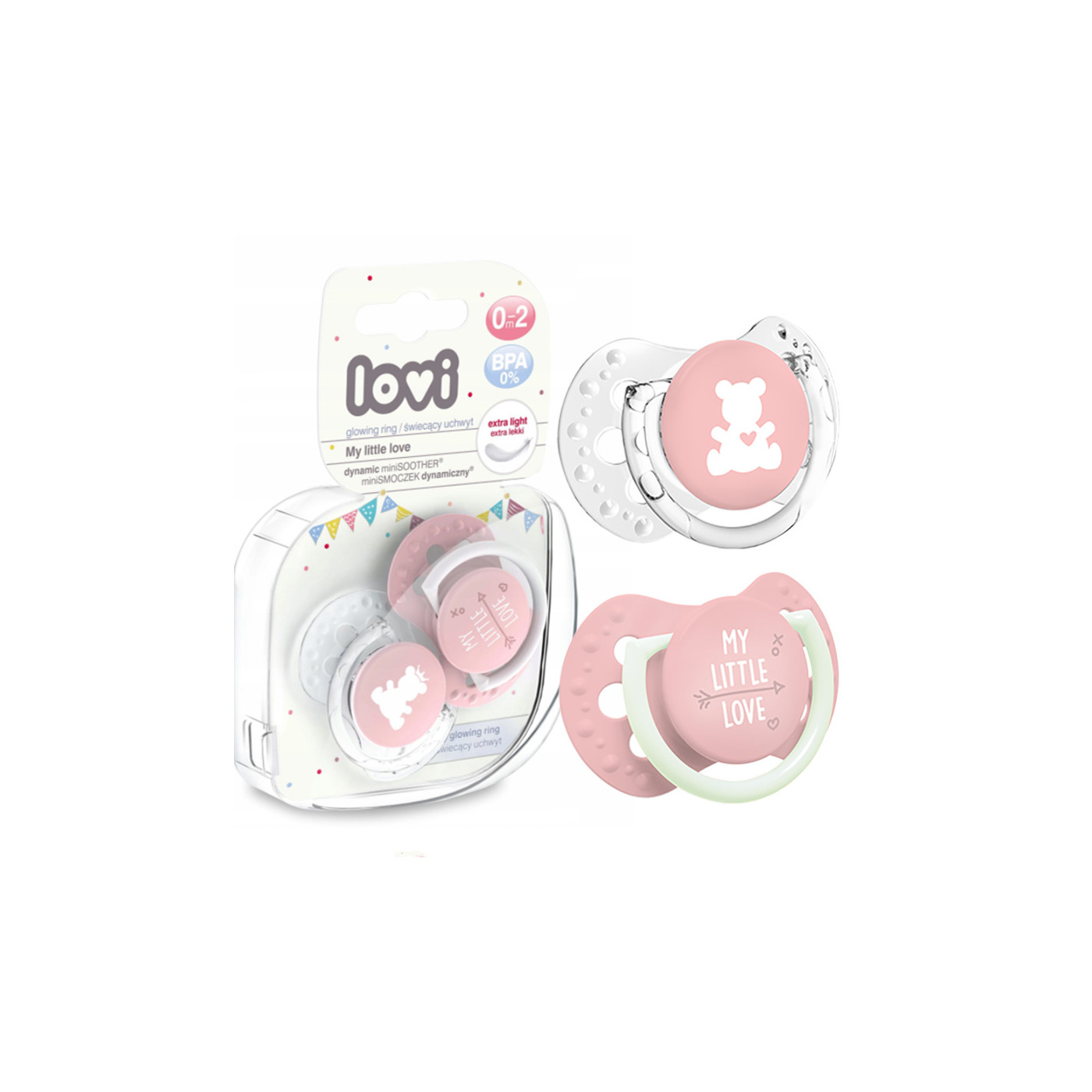 Smoczek uspokajający dla dziecka LOVI 0-2m My little love 2 szt. różowe świecący w ciemności