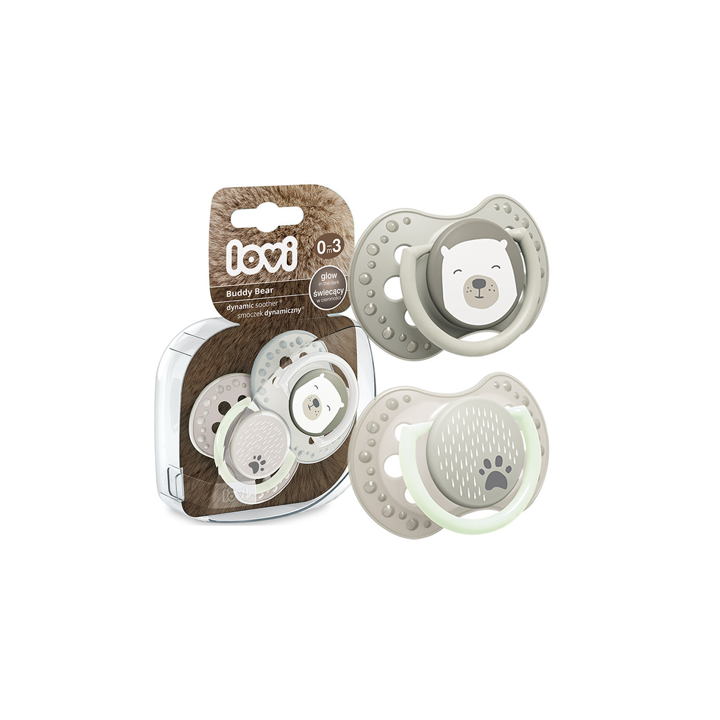 Smoczek uspokajający dla dziecka LOVI 0-3 m Buddy Bear świecący w ciemności