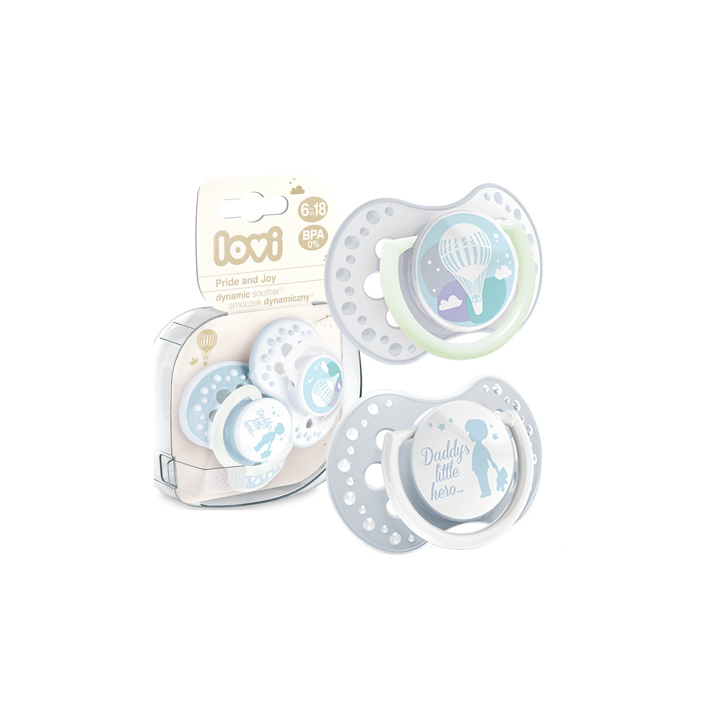 Smoczek uspokajający dla dziecka LOVI 6-18 m+ Pride&Joy Boy 2 szt. świecący w ciemności