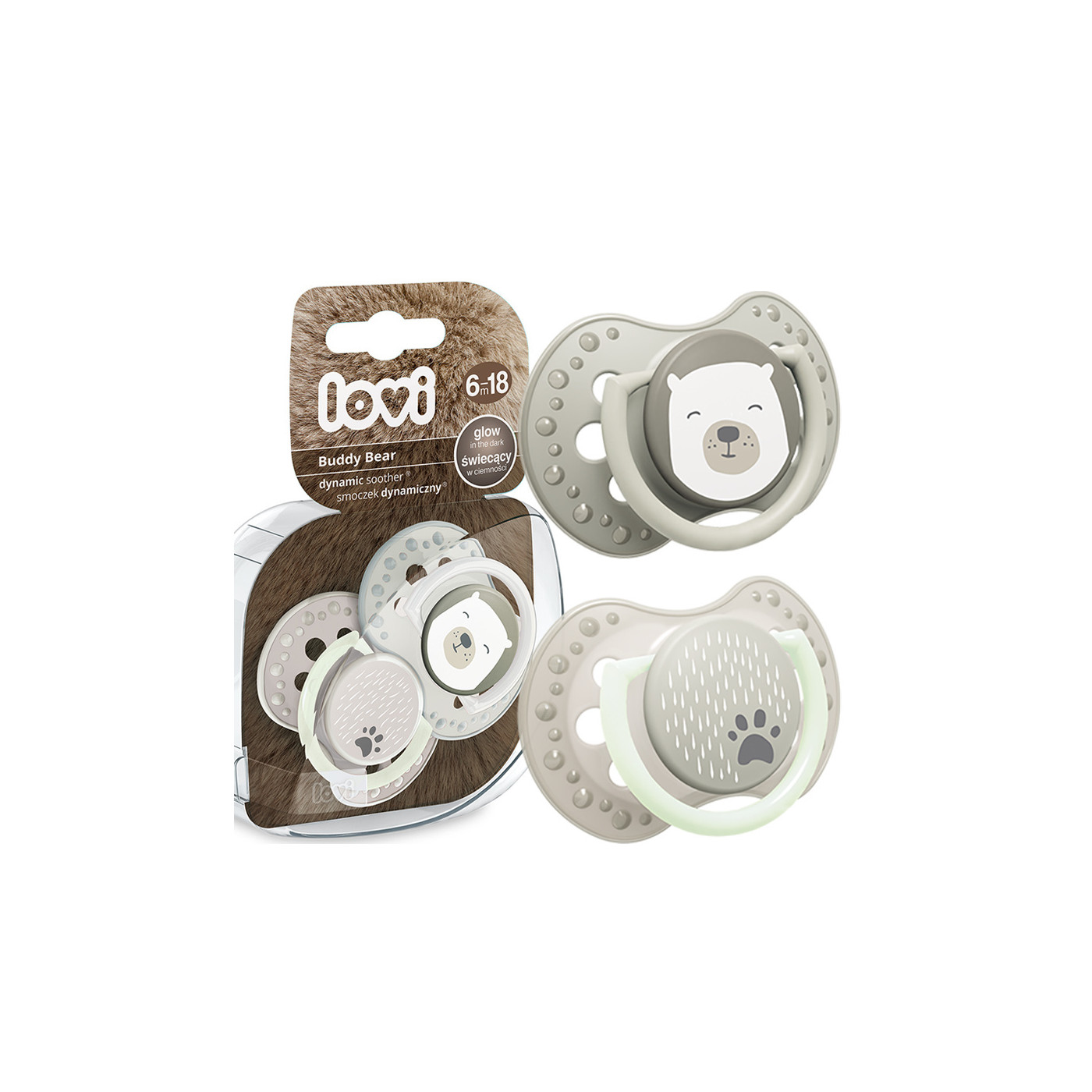 Smoczek uspokajający dla dziecka LOVI 6-18 m+ Buddy Bear 2 szt. świecący w ciemności
