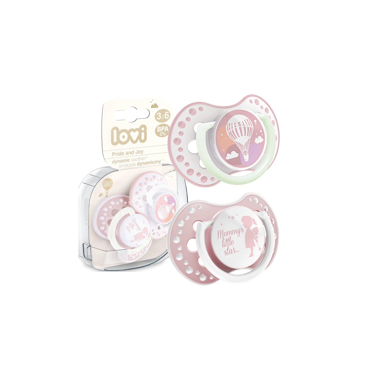 Smoczek uspokajający dla dziecka LOVI 3-6 m Pride&Joy Girl świecący w ciemności