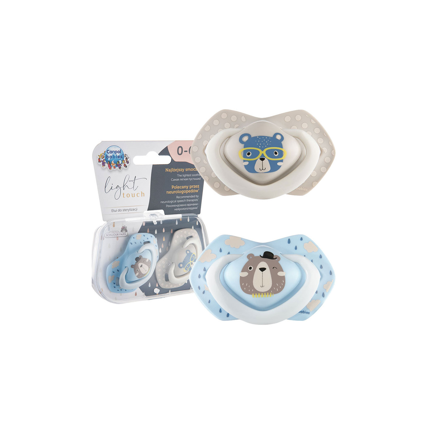 CANPOL Smoczek uspokajający silikonowy 0-6 m symetryczny Bonjour Paris 2 szt. BLUE