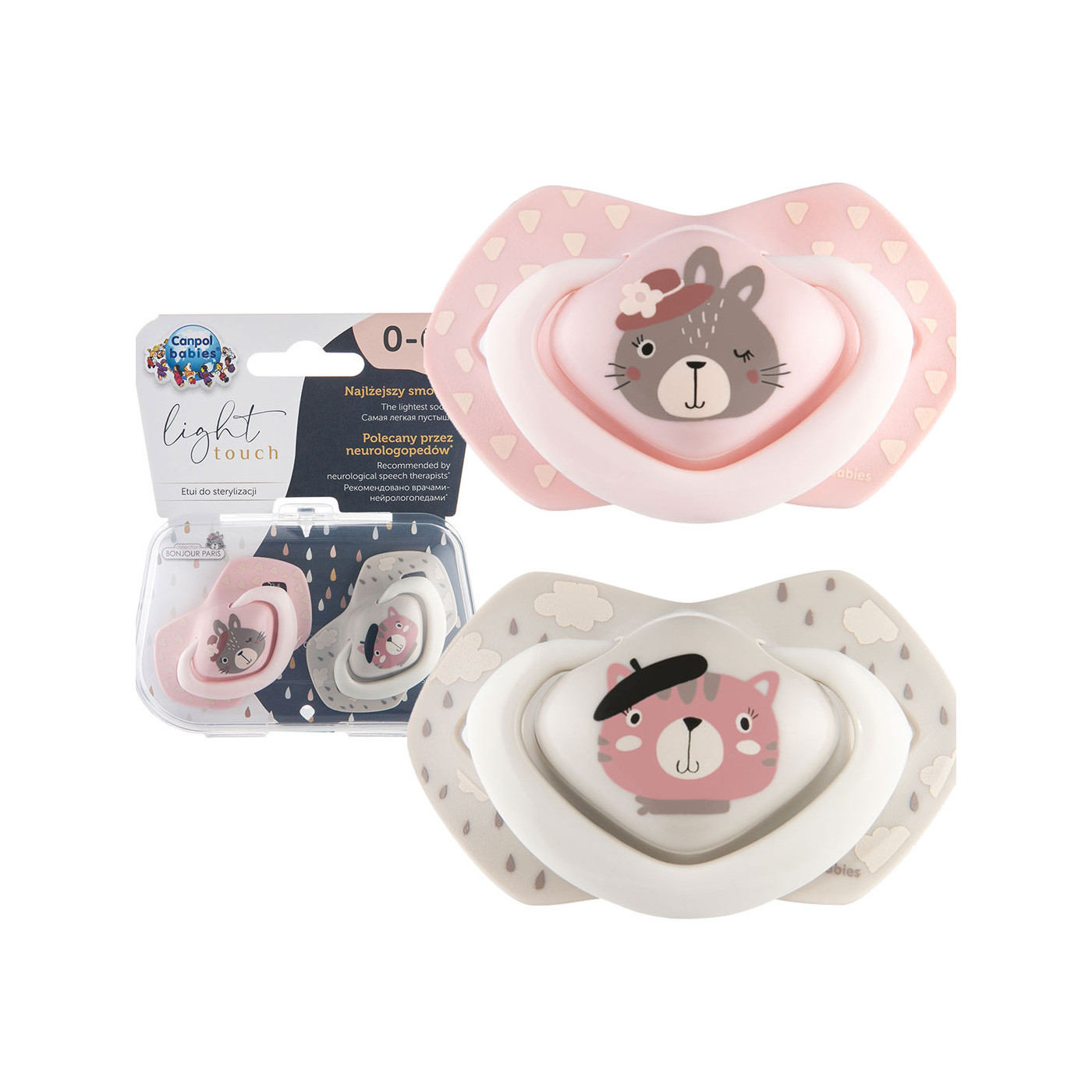 CANPOL Smoczek uspokajający silikonowy 0-6 m symetryczny Bonjour Paris 2 szt. PINK