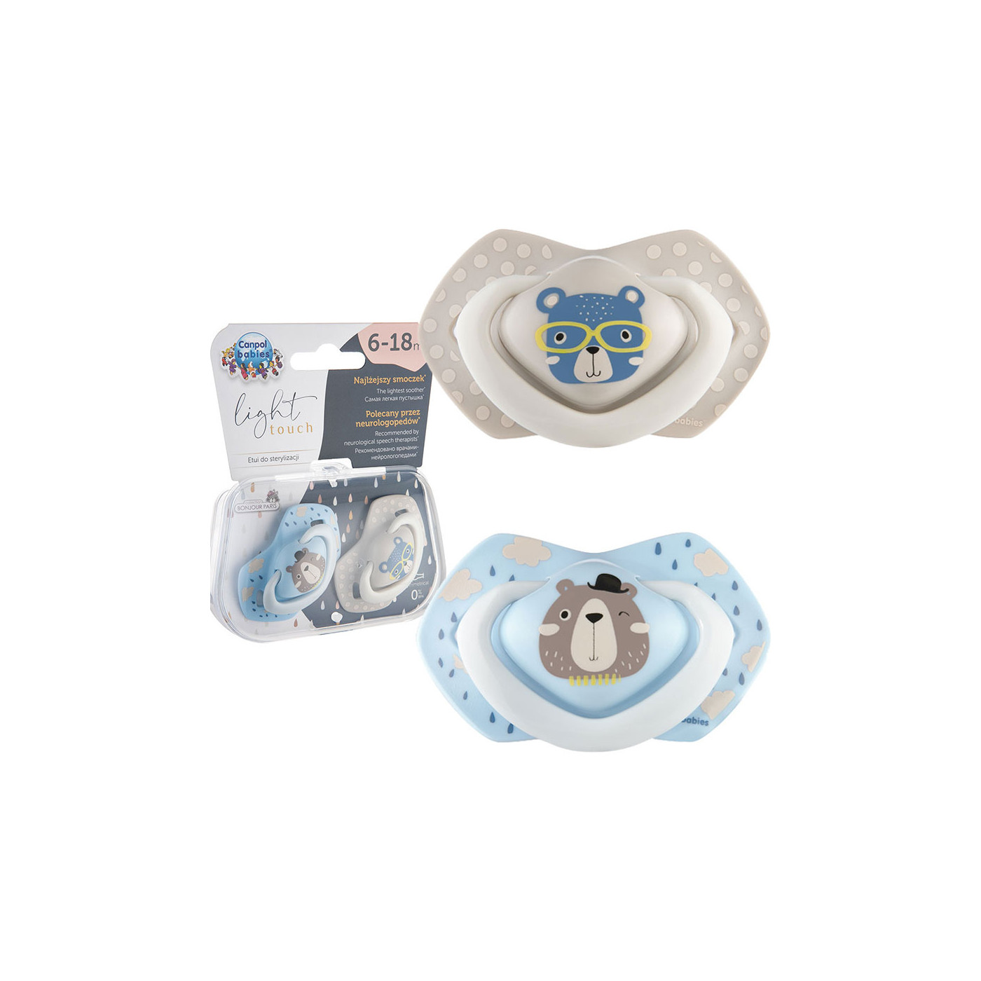 CANPOL Smoczek uspokajający silikonowy 6-18 m symetryczny Bonjour Paris 2 szt. BLUE