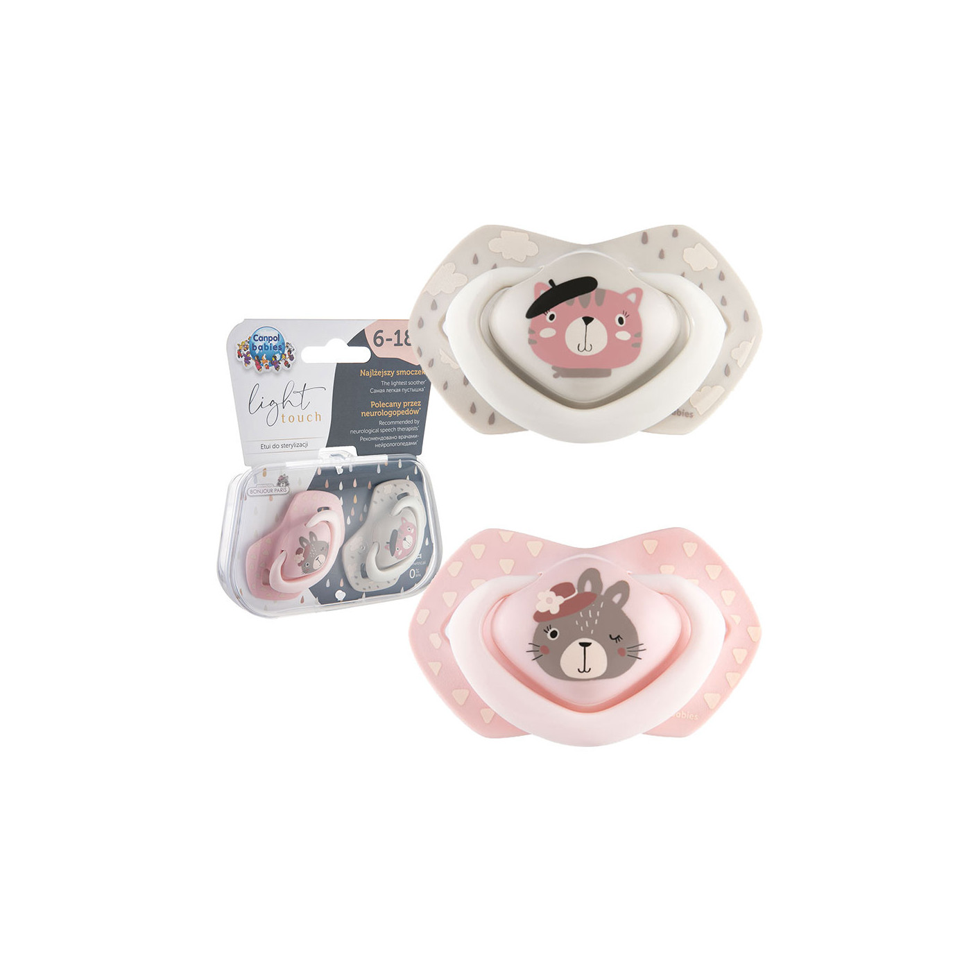 CANPOL Smoczek uspokajający silikonowy 6-18 m symetryczny Bonjour Paris 2 szt. PINK