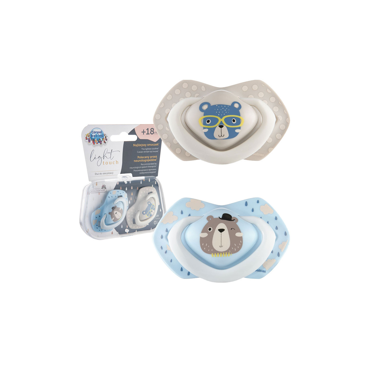 CANPOL Smoczek uspokajający silikonowy 18 m+ symetryczny Bonjour Paris 2 szt. BLUE