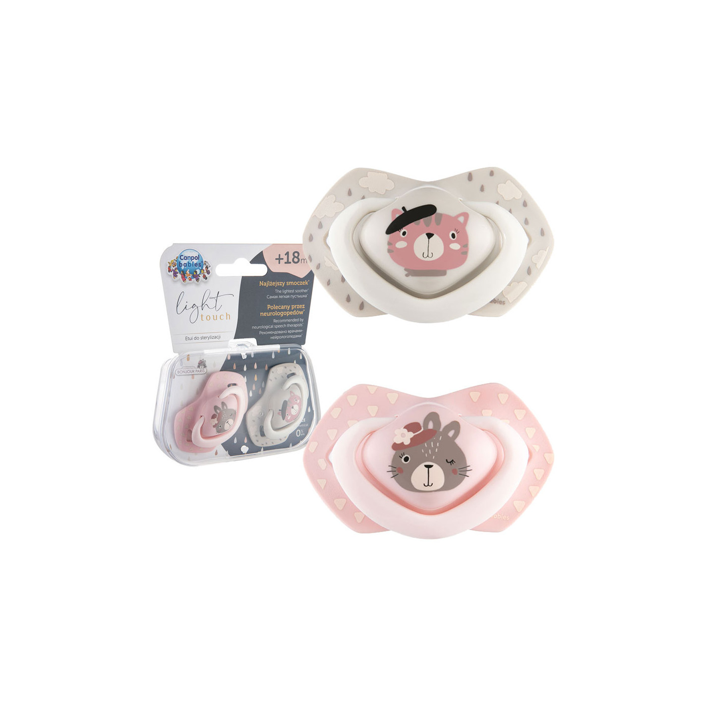 CANPOL Smoczek uspokajający silikonowy 18 m+ symetryczny Bonjour Paris 2 szt. PINK