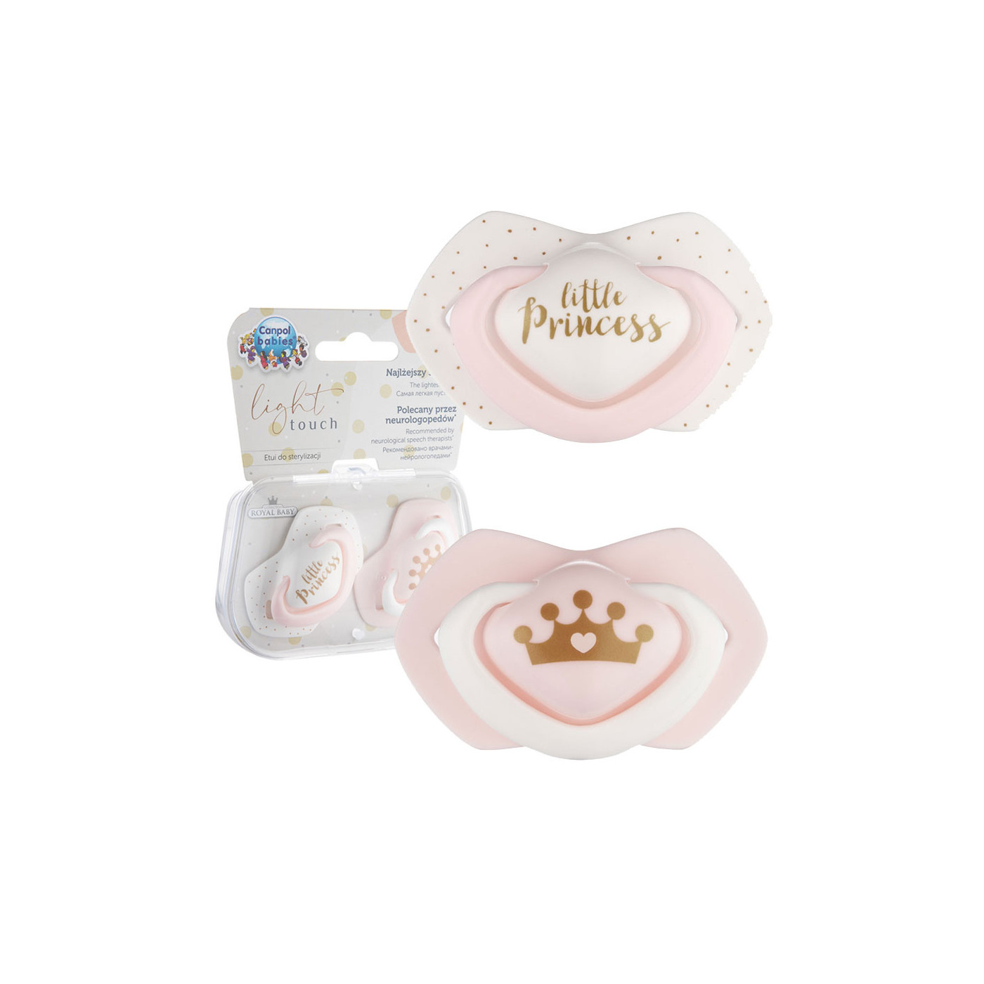 CANPOL Smoczek uspokajający silikonowy 0-6 m symetryczny ROYAL BABY 2szt. PINK