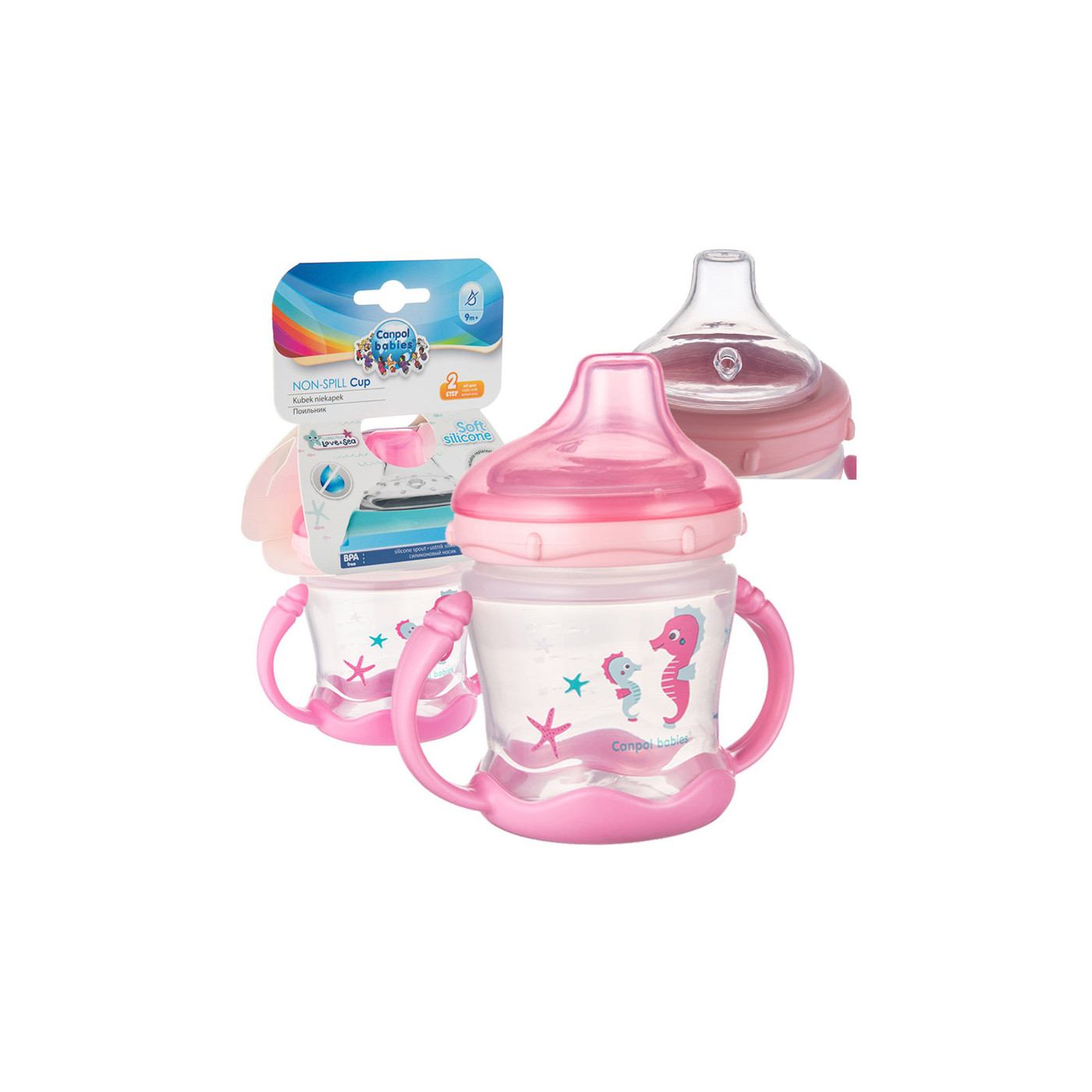 Canpol babies kubek niekapek miękki silikonowy ustnik 180ml LOVE&SEA różowy