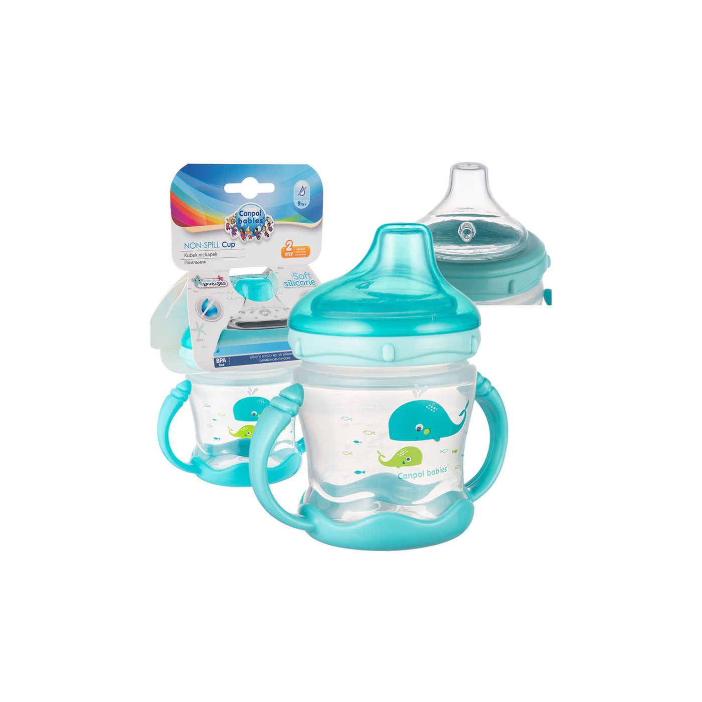 Canpol babies kubek niekapek miękki silikonowy ustnik 180ml LOVE&SEA Niebieski