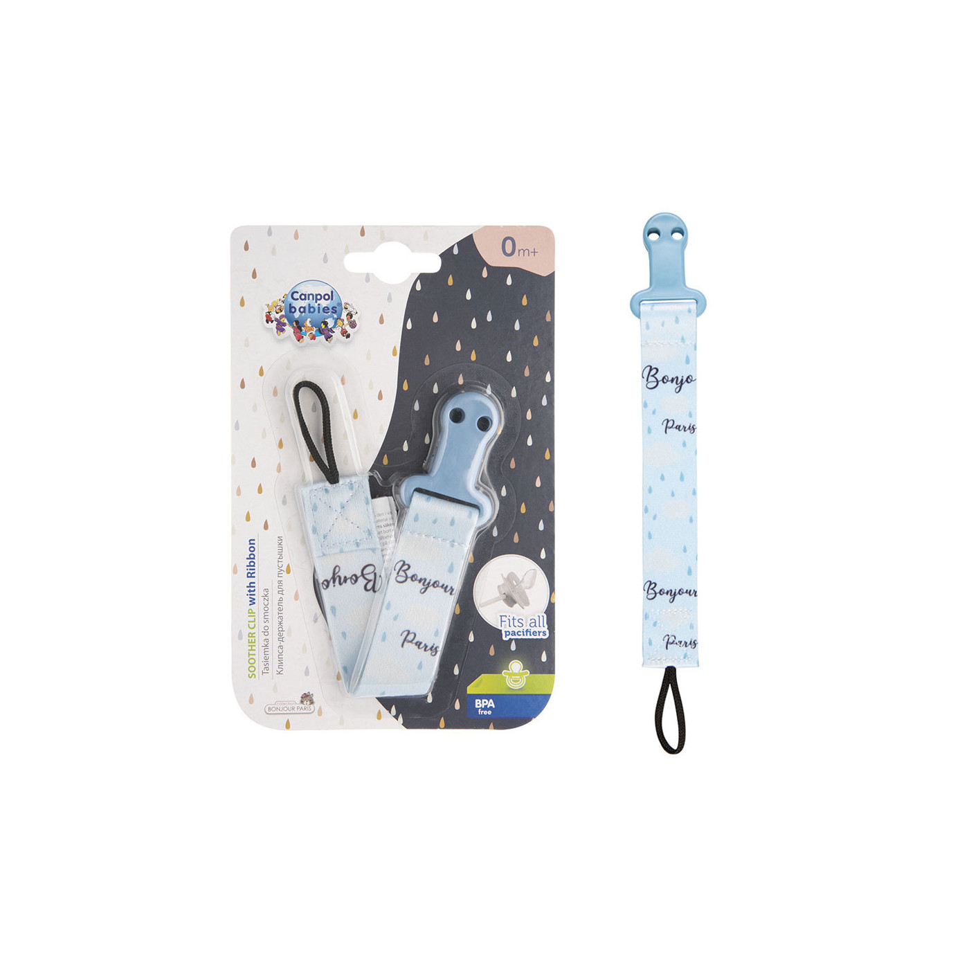 Canpol babies tasiemka, zawieszka do smoczka uspokajającego - BONJOUR PARIS niebieska