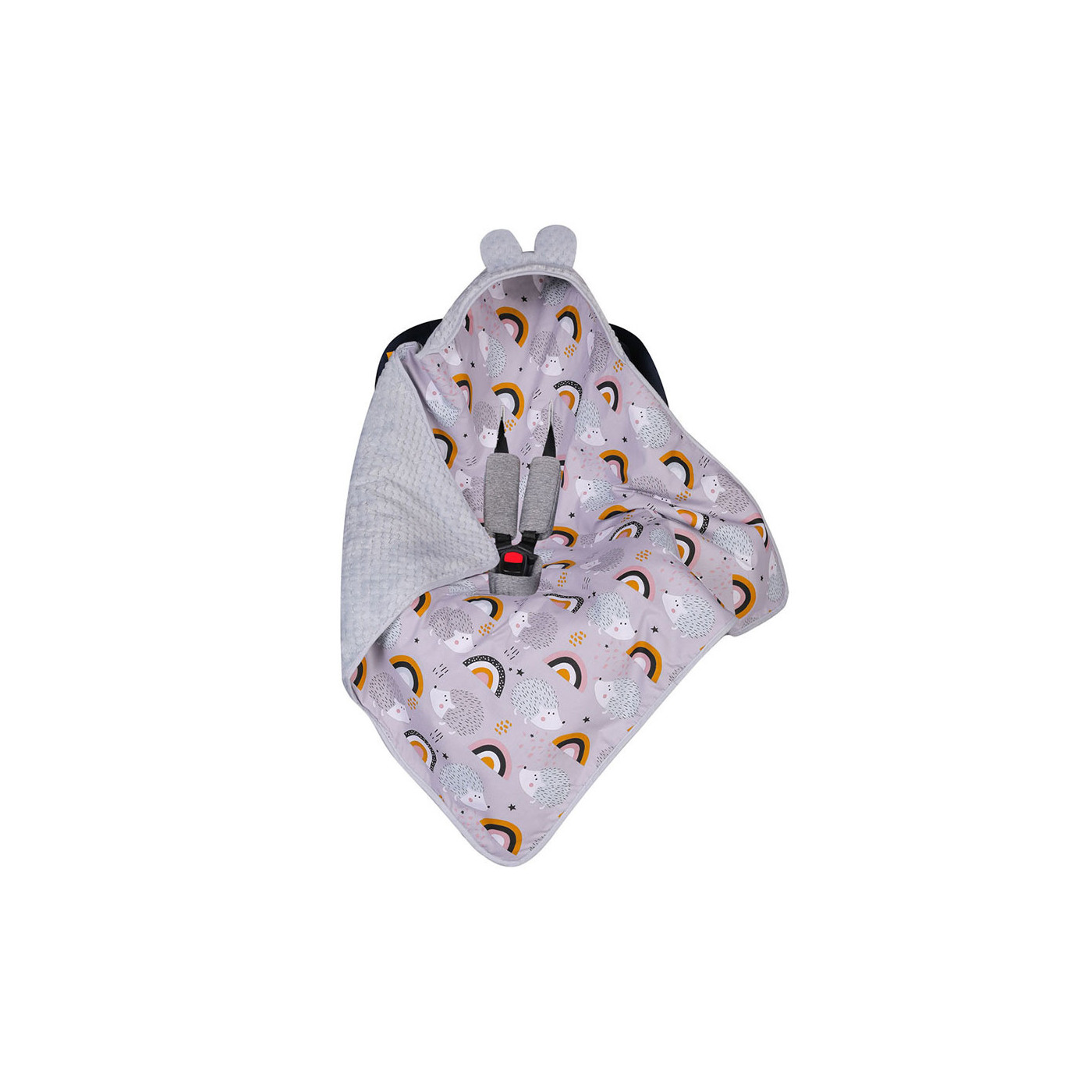 Miękki dwustronny kocyk z kapturkiem OTULACZ - do fotelika, wózka SZARY Jeż