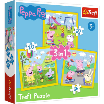 Trefl Puzzle 3w1 | Wesoły Dzień Peppy, puzzle z motywem bajki Świnka Peppa