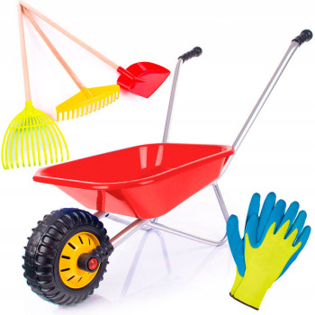 Zestaw narzędzi ogrodniczych z taczkami dla dziecka - taczki+grabki+łopatka+rękawice robocze Hit