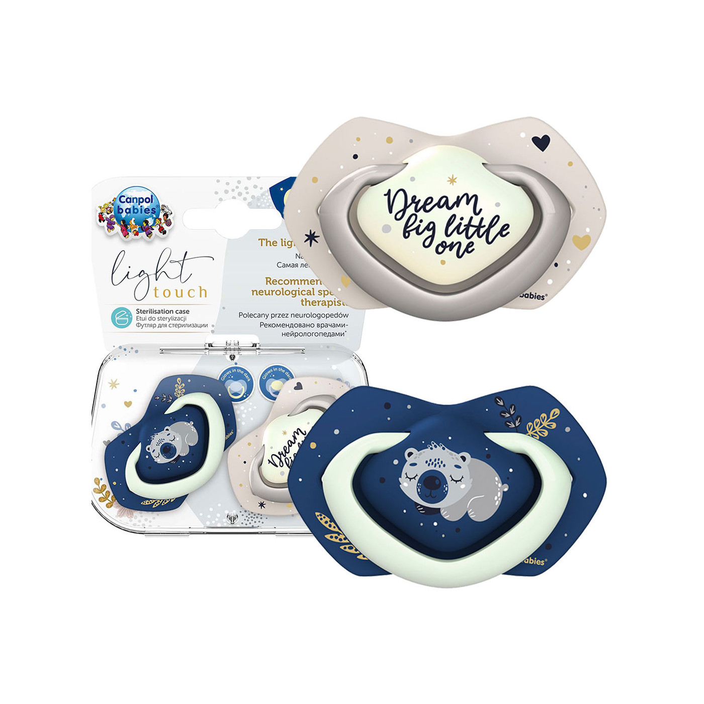 CANPOL Smoczek uspokajający silikonowy 0-6 m symetryczny Świecący w ciemności SLEEPY KOALA 2szt. Blue