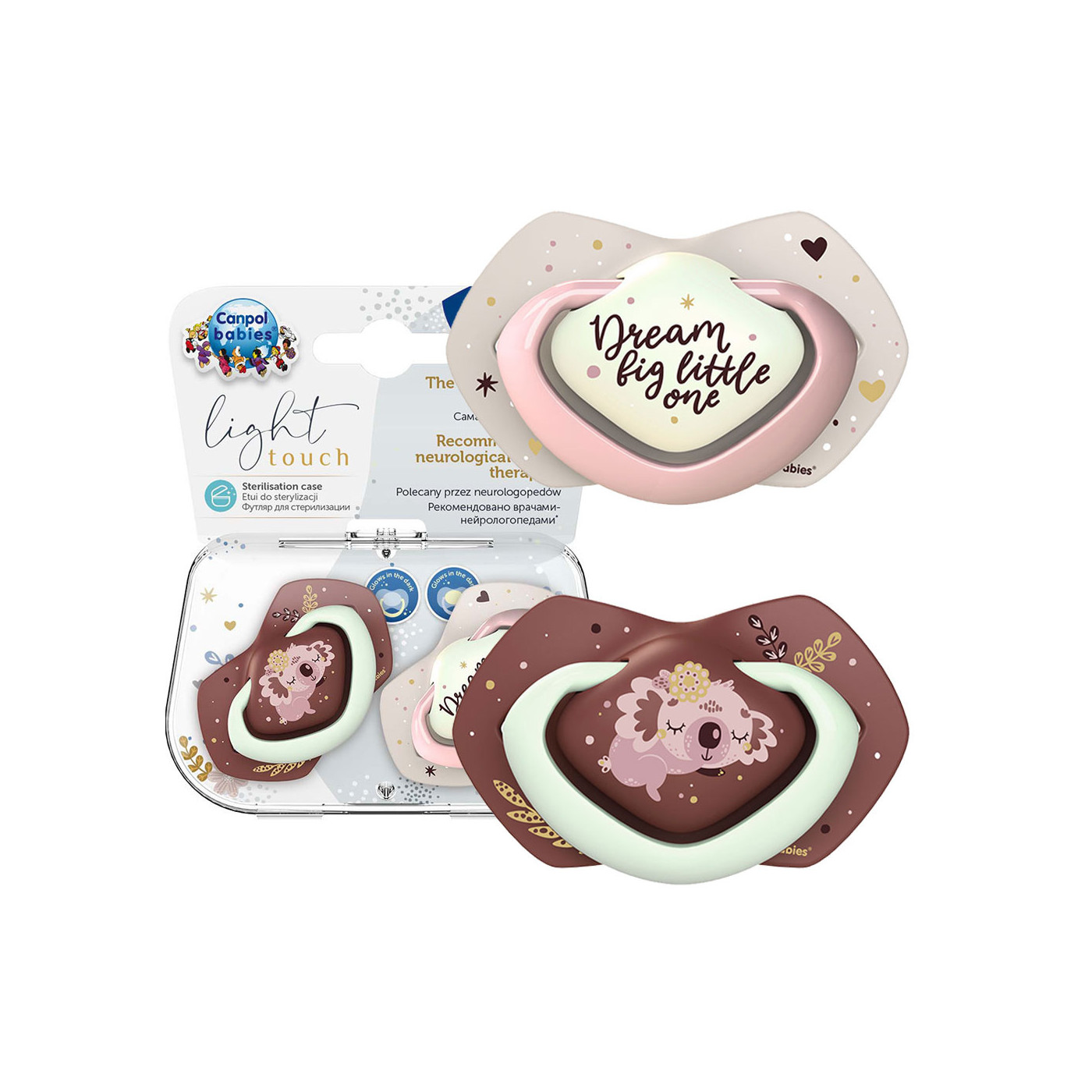 CANPOL Smoczek uspokajający silikonowy 6-18 m symetryczny Świecący w ciemności SLEEPY KOALA 2szt. Pink