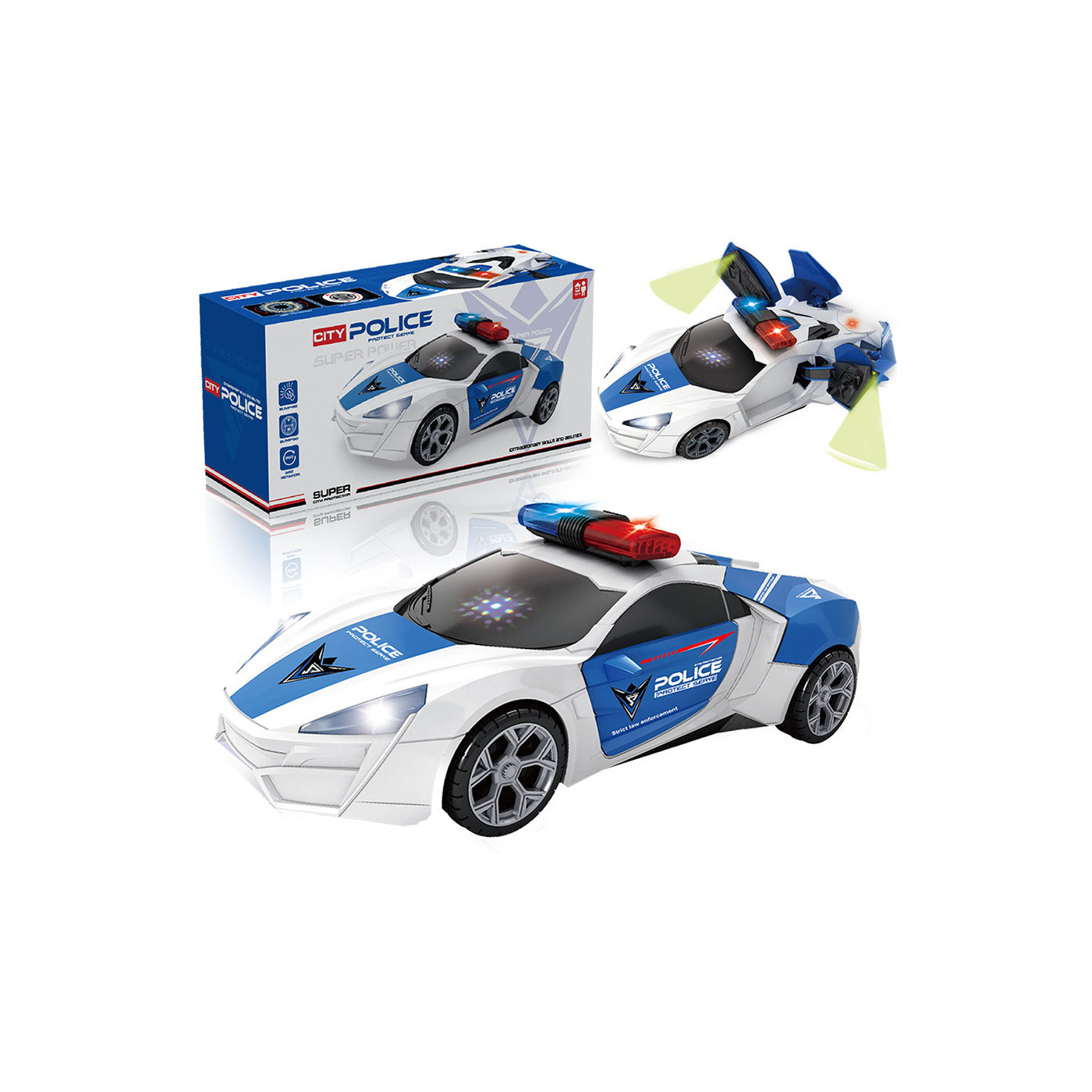 Policja, wóz policyjny z wgraną muzyką - diody LED, obrotowy 360\' Policja, wóz policyjny z wgraną muzyką - diody LED, obrotowy 360\'