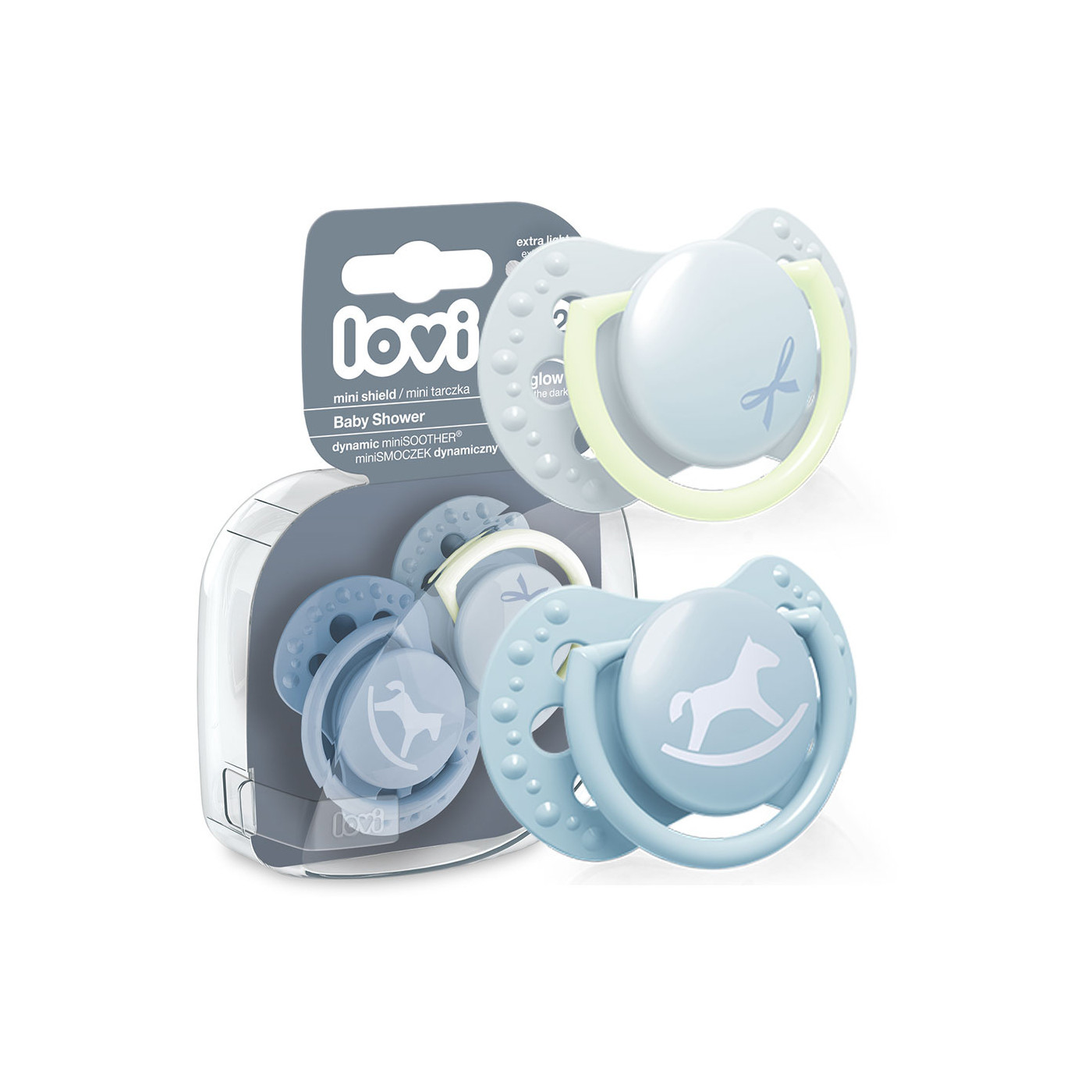 Smoczek uspokajający dla dziecka LOVI 0-2m BABY SHOWER 2szt. niebieskie świecący w ciemności