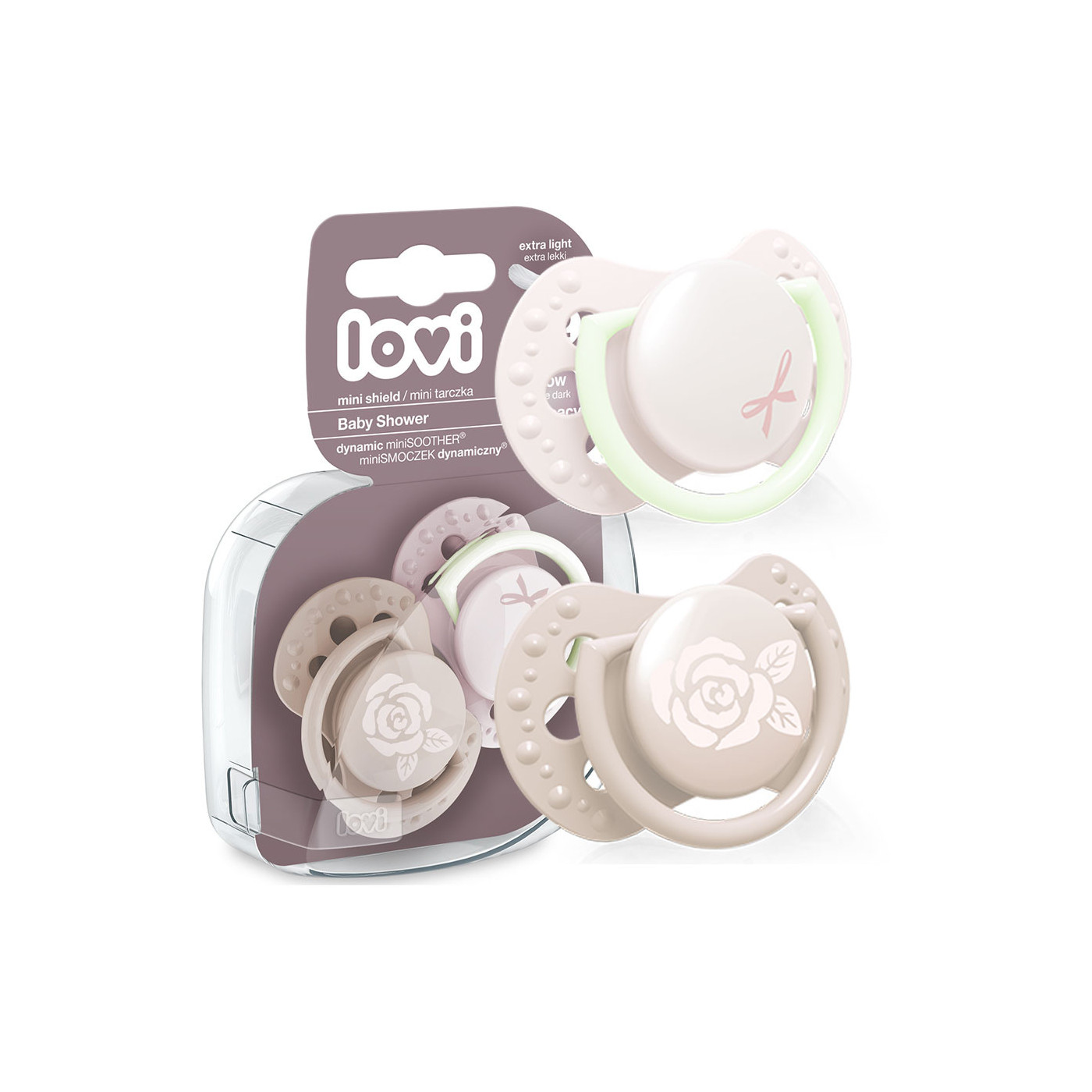 Smoczek uspokajający dla dziecka LOVI 0-2m BABY SHOWER 2szt. Różowe świecący w ciemności