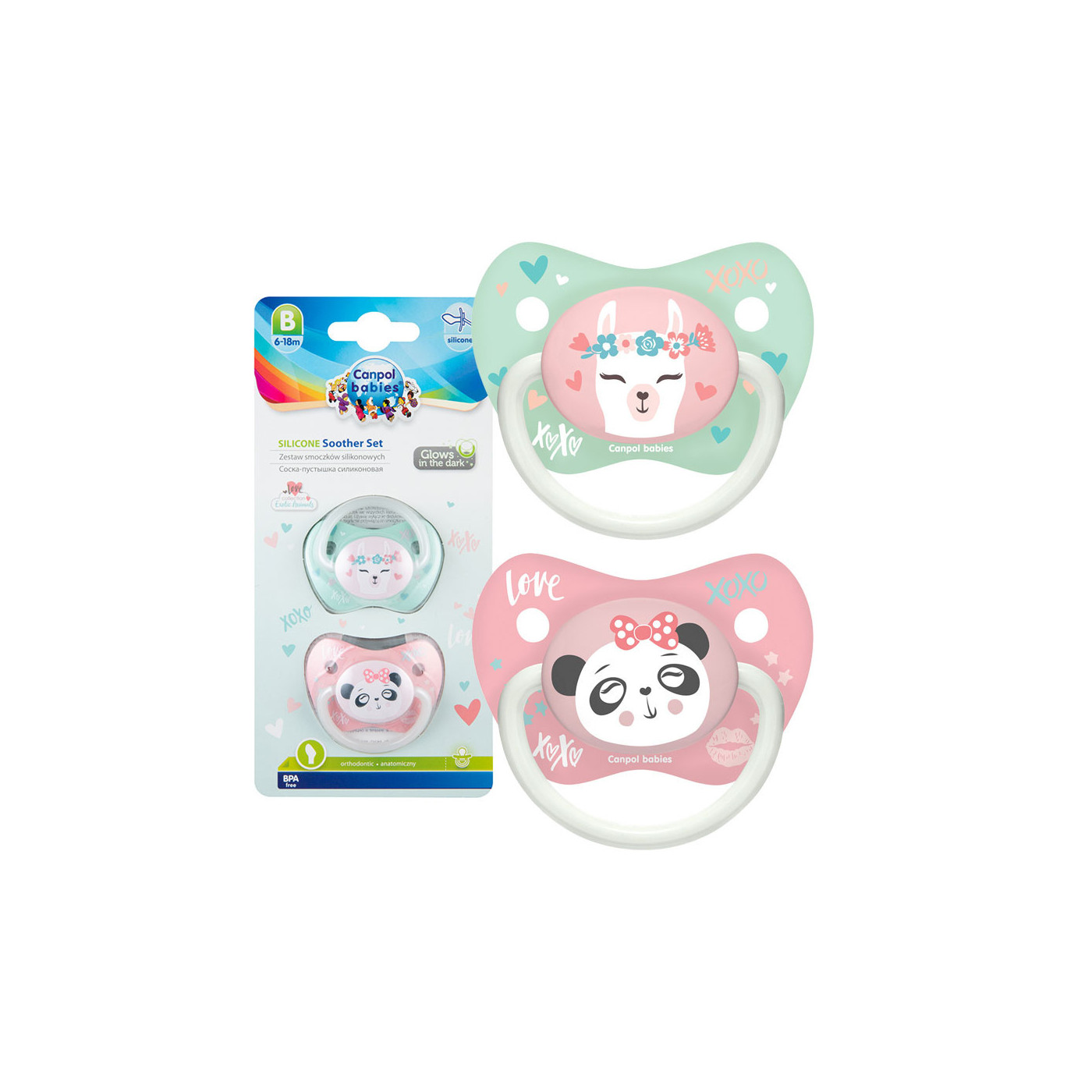CANPOL smoczek uspokajający silikonowy 6-18 m Anatomiczny EXOTIC ANIMALS 2szt. Różowe