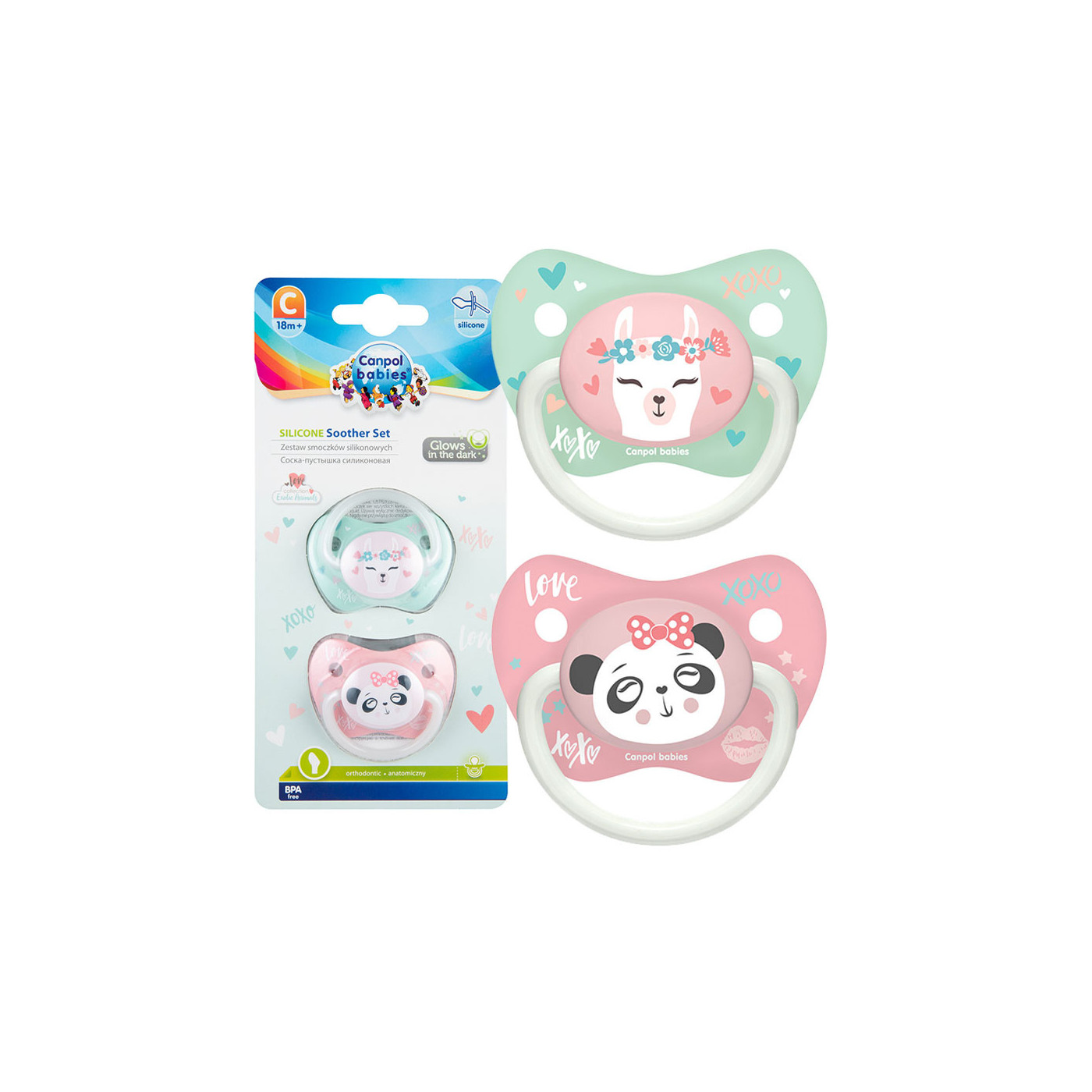 CANPOL Smoczek uspokajający silikonowy 18 m+ Anatomiczny EXOTIC ANIMALS 2szt. Różowe