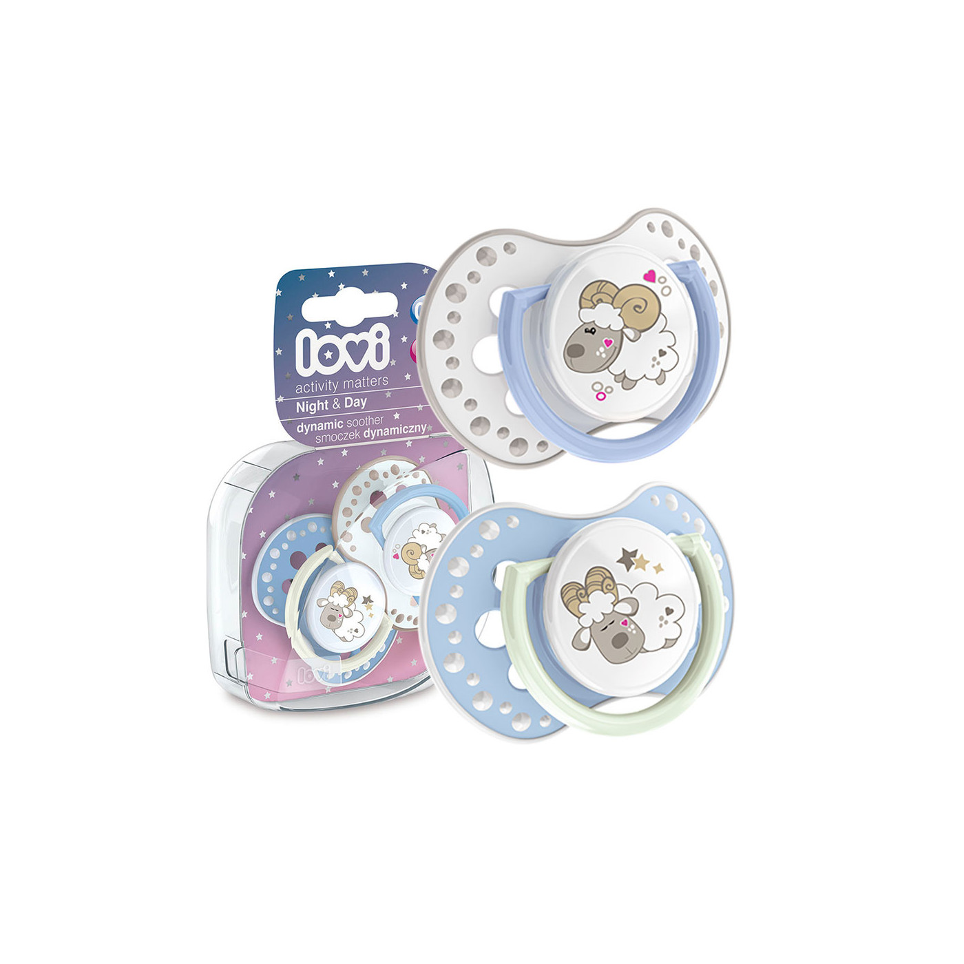 Smoczek uspokajający dla dziecka LOVI 0-3 m+ Night&Day Boy Lamb 2 szt. świecący w ciemności