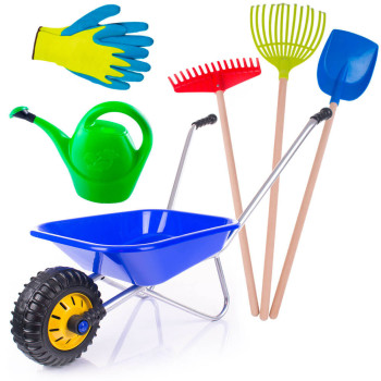 Taczki dla dziecka + zestaw dużych narzędzi grabki, łopatka, konewka, rękawice robocze dziecięce