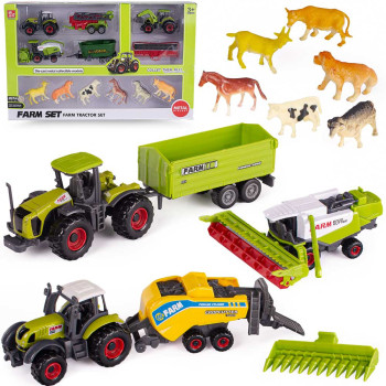 Zestaw farma, traktory z przyczepami, kombajn i figurki zwierząt