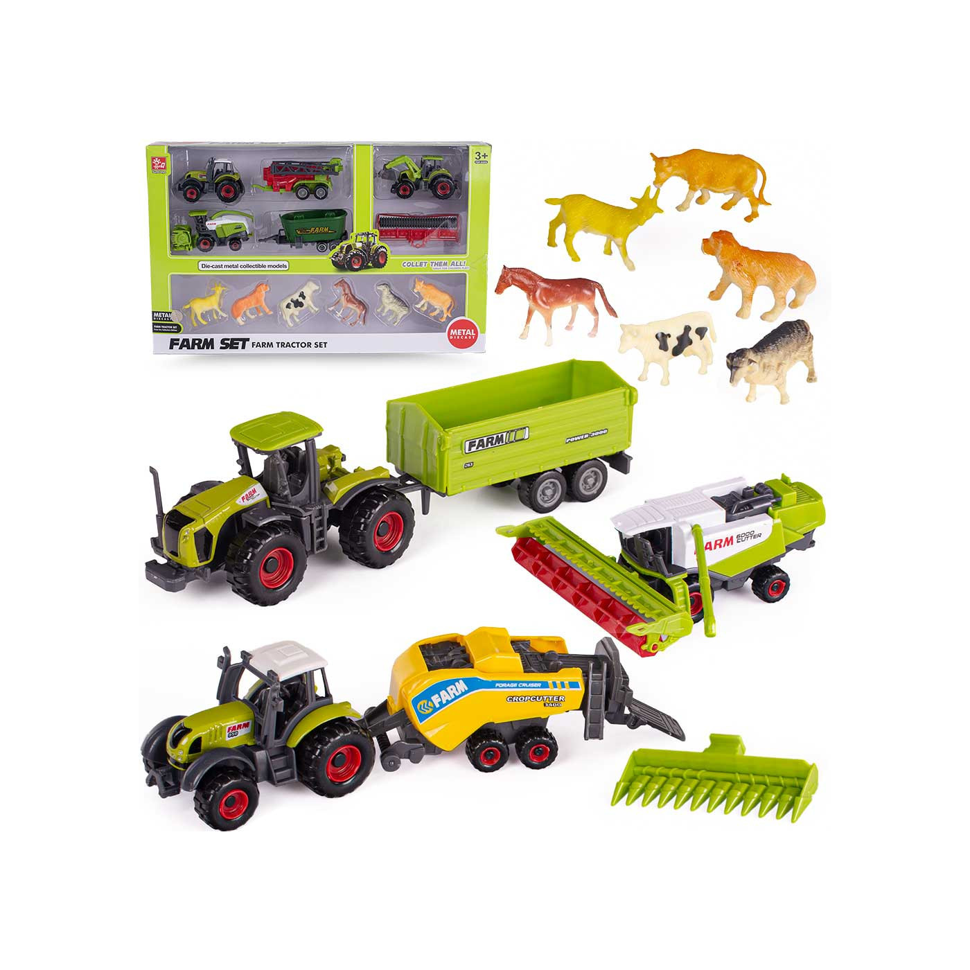 Zestaw farma, traktory z przyczepami, kombajn i figurki zwierząt