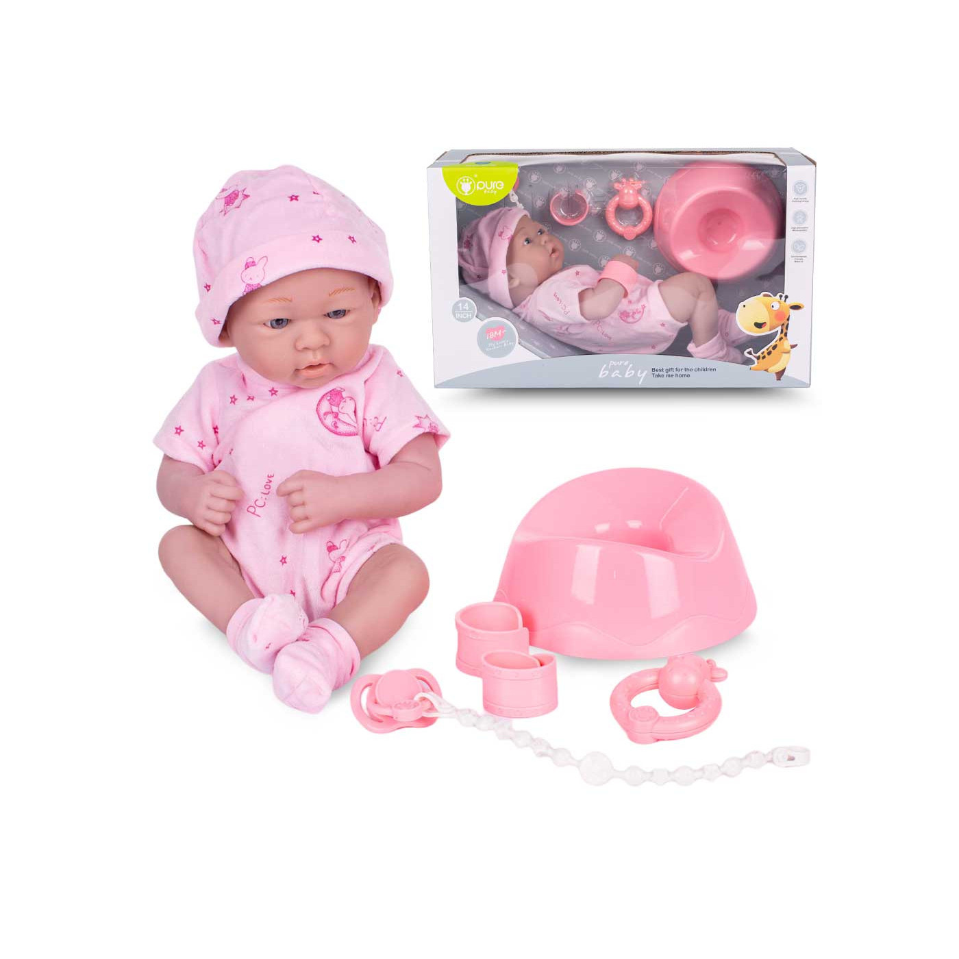 Lalka bobas z akcesoriami - nocnik, smoczek, opaski, gumowy 35cm