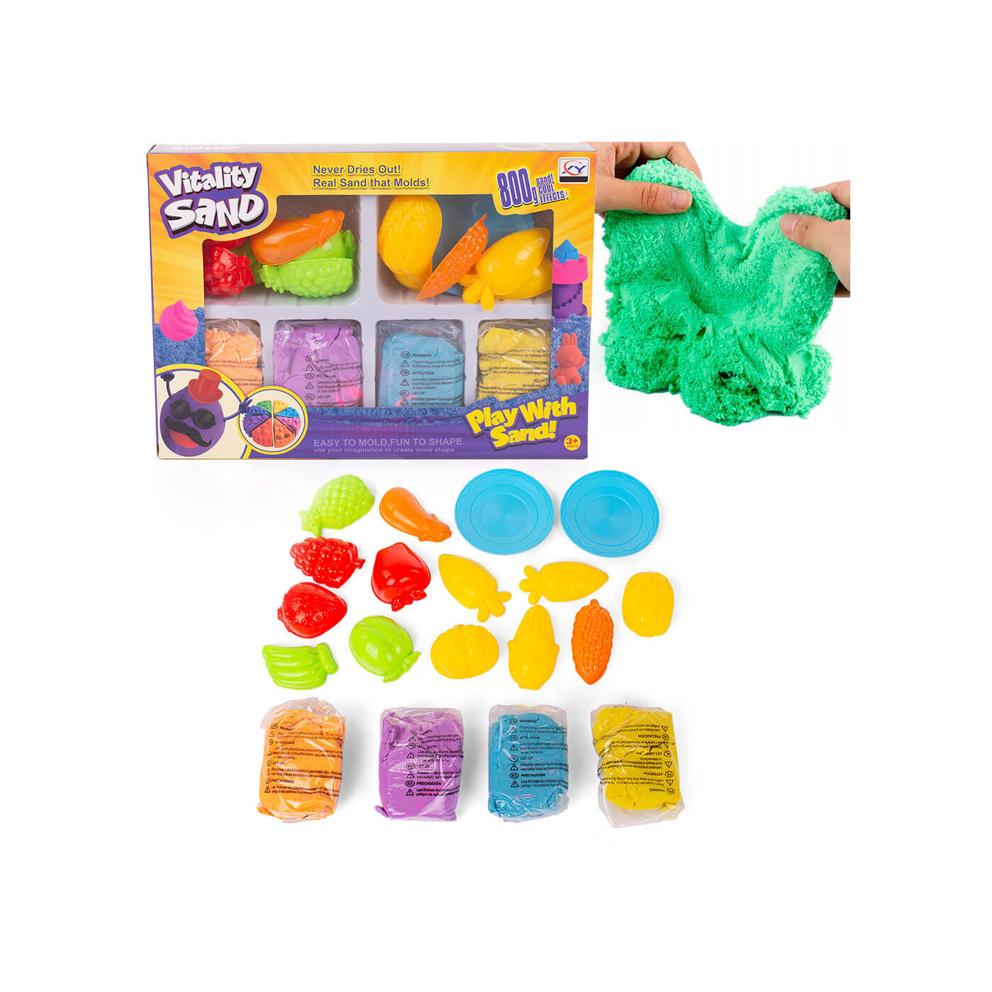 Piasek kinetyczny, magiczna masa plastyczna zestaw z foremkami 800g, 4 kolory piasku