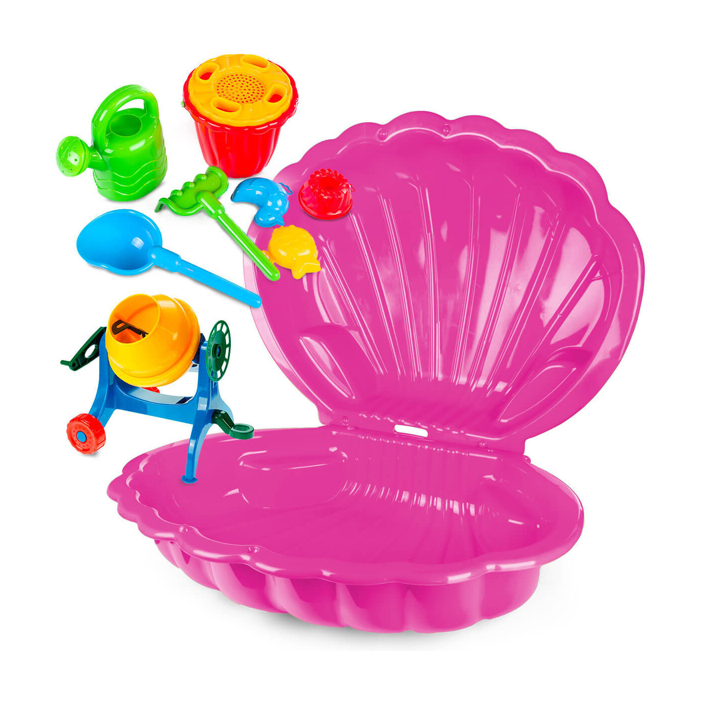 Piaskownica muszla 2 szt.+ Betoniarka + Zestaw do piasku 8el. zabawki