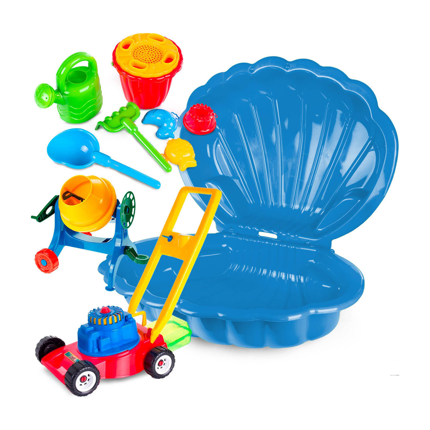 Piaskownica Muszla 2 el.+ Kosiarka + Betoniarka+ Zestaw do piasku