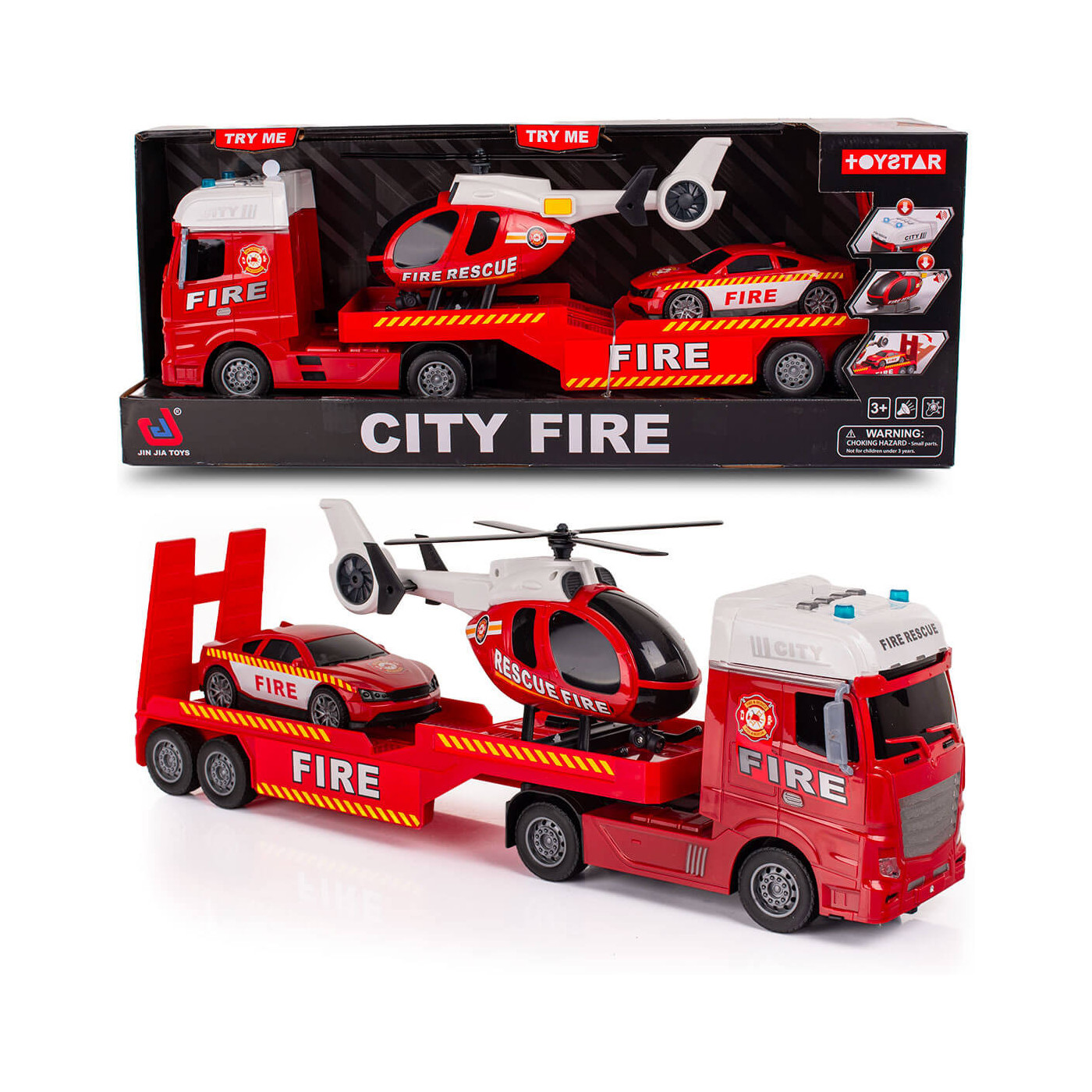 Straż Pożarna Tir laweta z helikopterem i samochodem zestaw interaktywna ciężarówka + pojazdy, światła i dźwięk