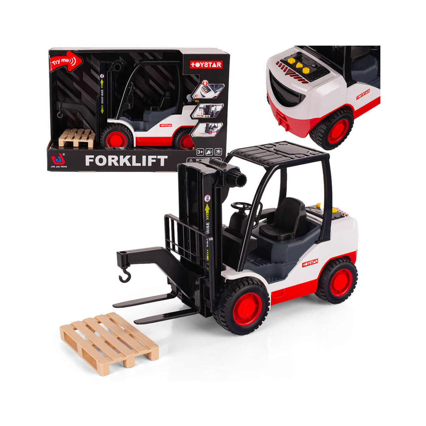 Wózek widłowy, widlak, podnośnik zabawka z akcesoriami, światło i dźwięk