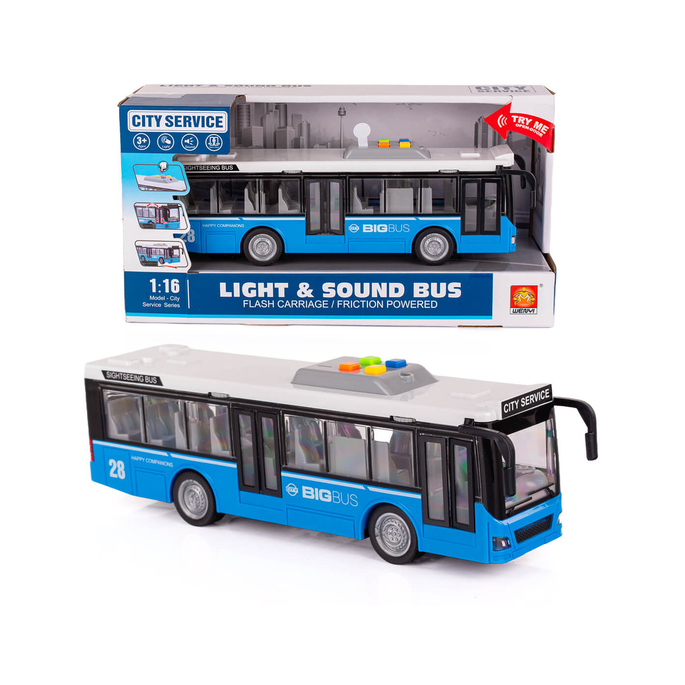 Autobus zabawka Bus Autokar szkolny otwierane drzwi światła i dźwięk auto 3+