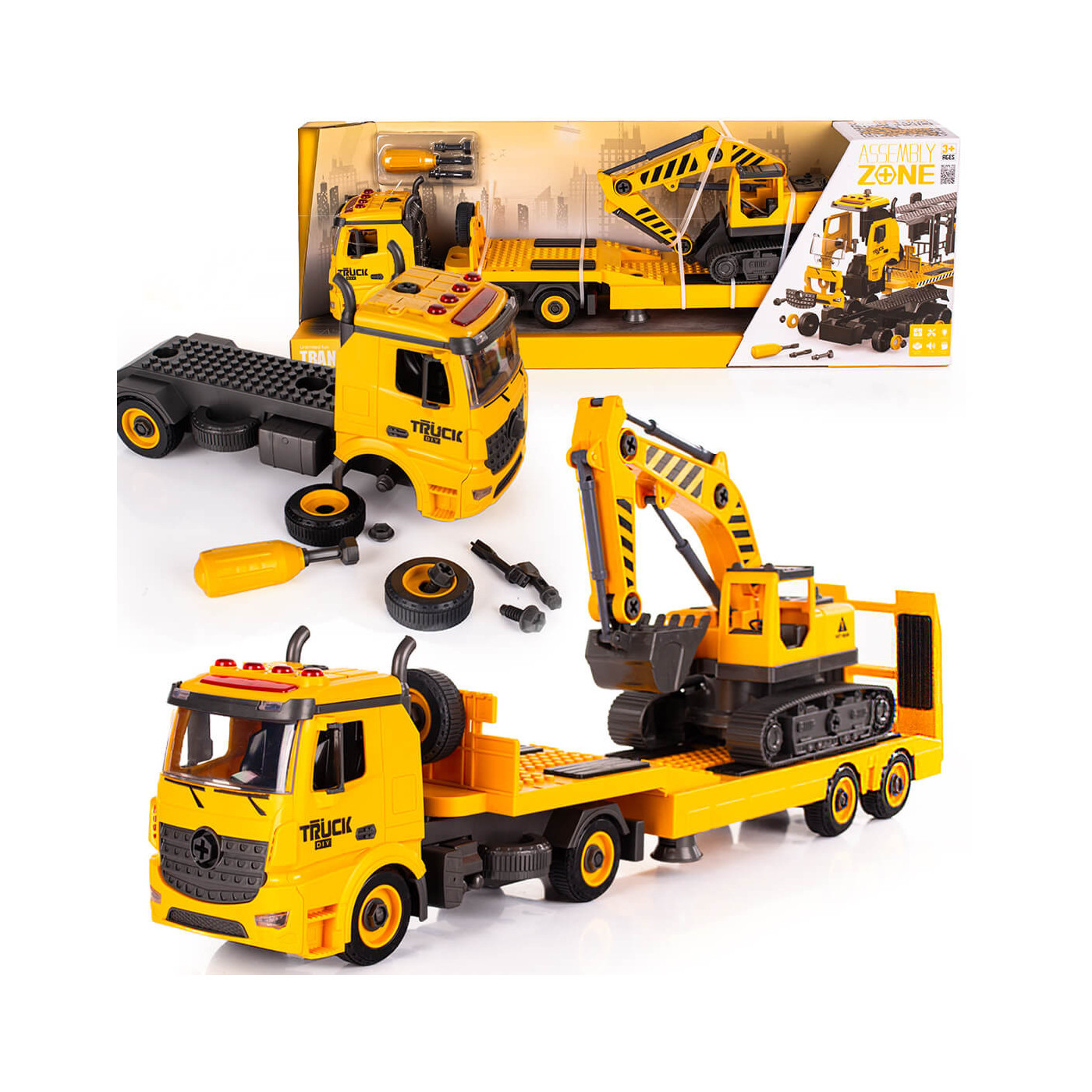 TIR laweta z koparką zabawka do rozkręcania majsterkowania efekty świetlne i dźwiękowe 59 cm