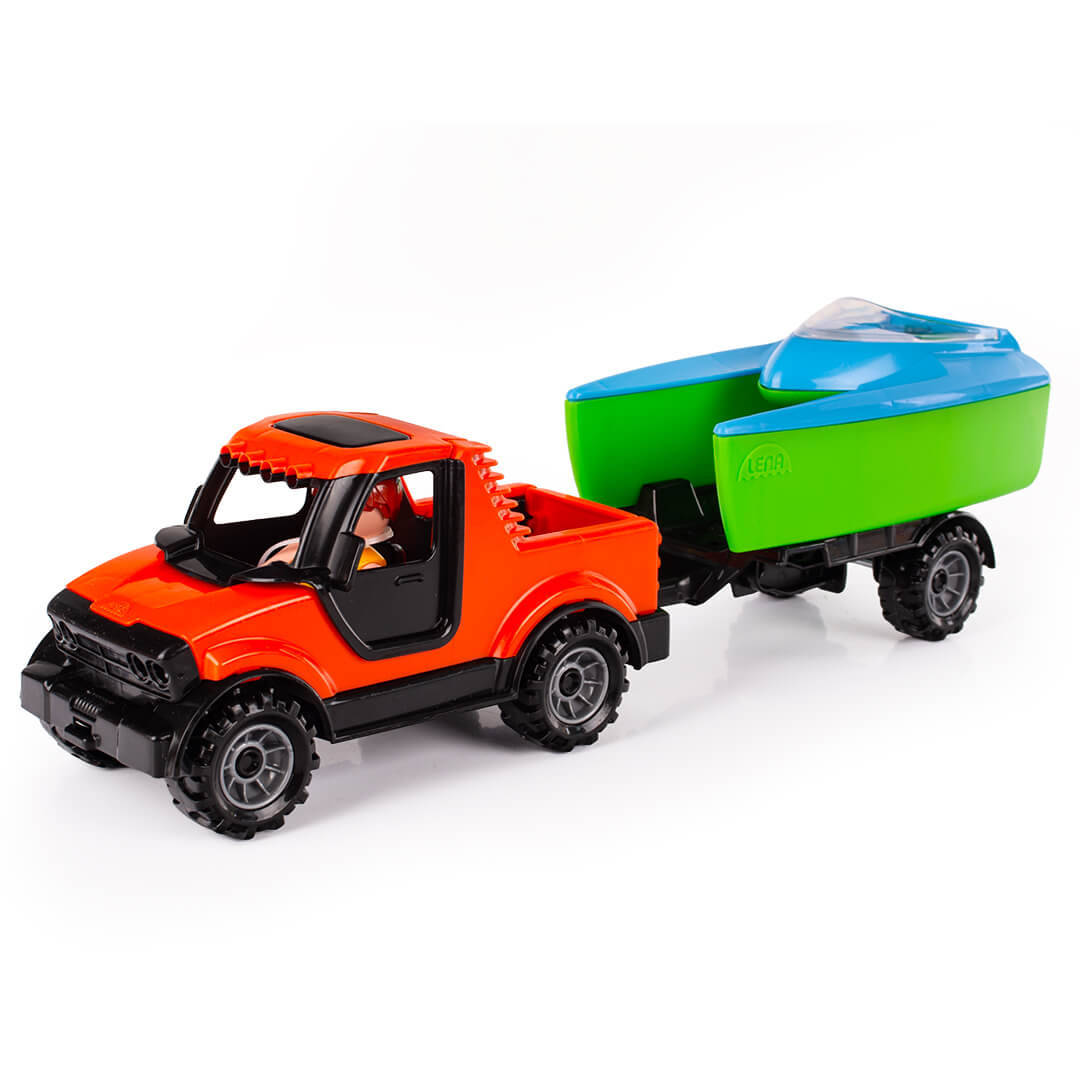 Zabawka auto z łódką i przyczepą