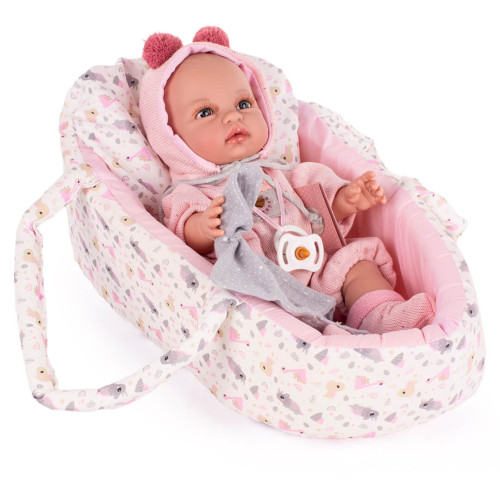 Lalka hiszpańska bobas w nosidełku ze smoczkiem w ubranku 30 cm