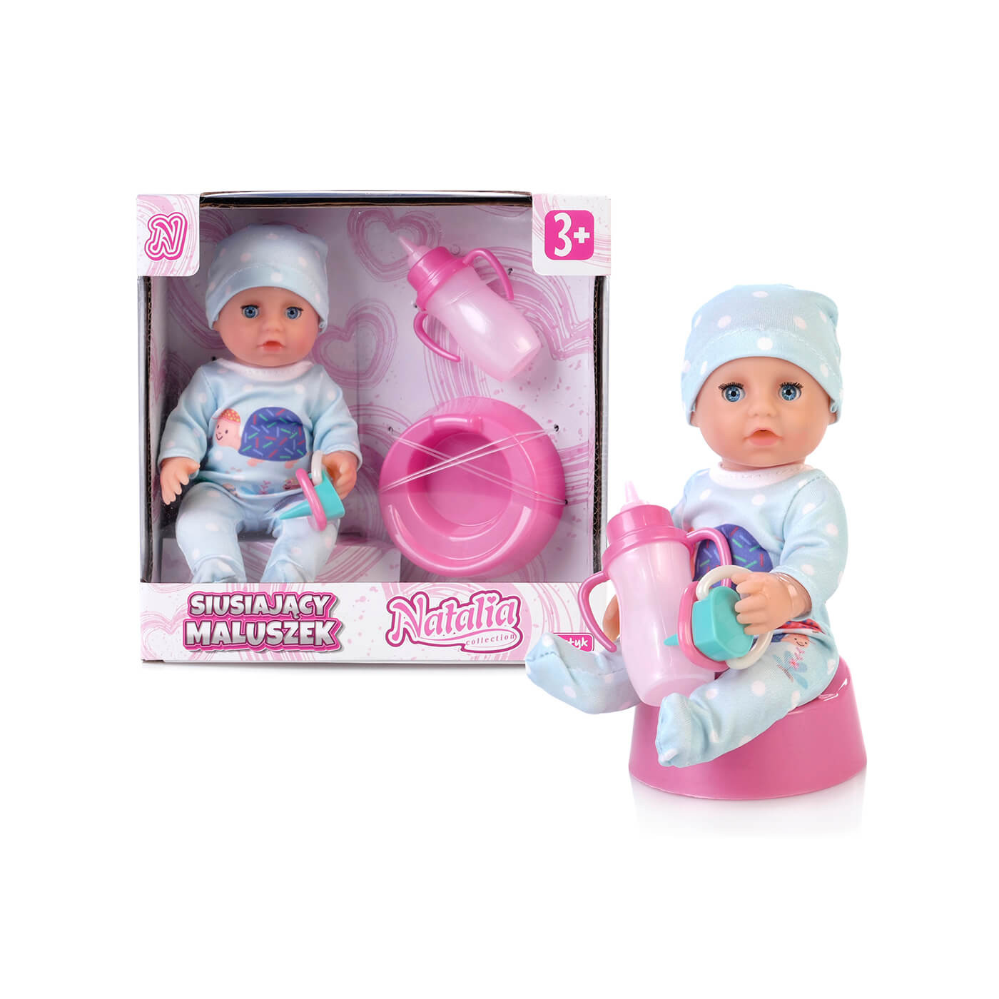 Lalka sikająca Natalia bobas siusiający 17 cm - nocnik, smoczek oraz butelka w zestawie
