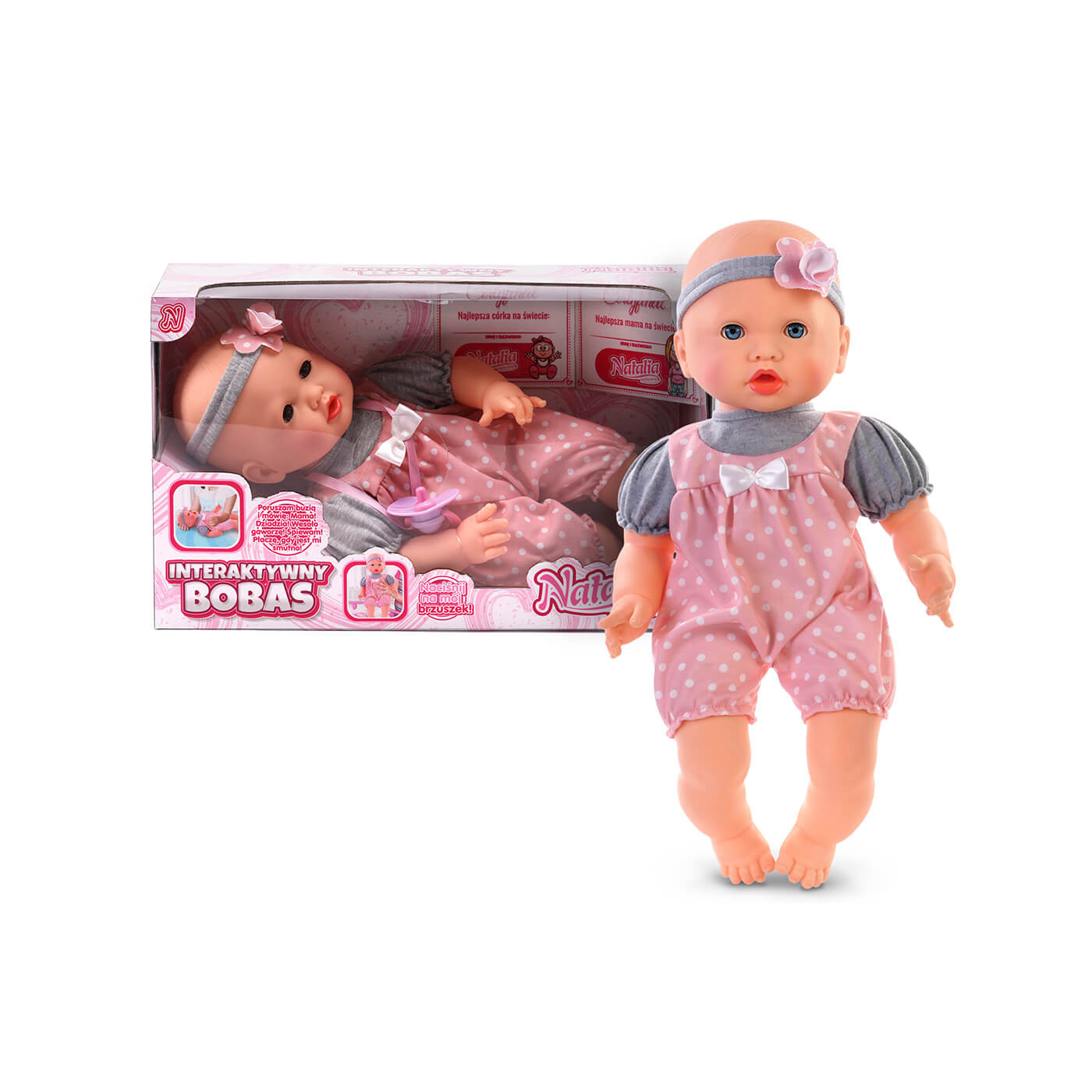 Lalka bobas interaktywny mówi, płacze, reaguje na smoczek 40 cm