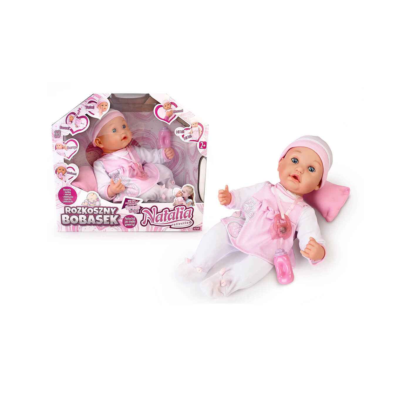 Lalka bobas interaktywny płaczący z akcesoriami butelka, smoczek 40cm