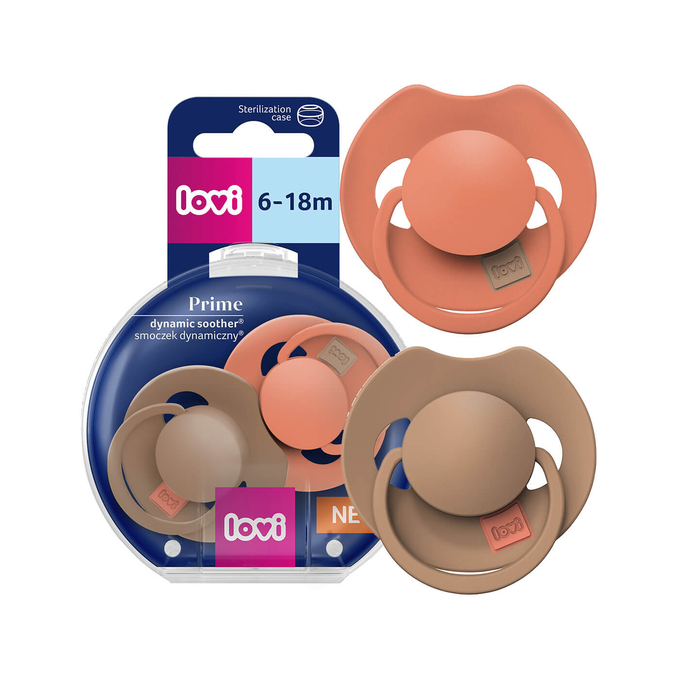 Smoczek uspokajający silikonowy LOVI Prime 6-18 m 2 szt Granola Orange