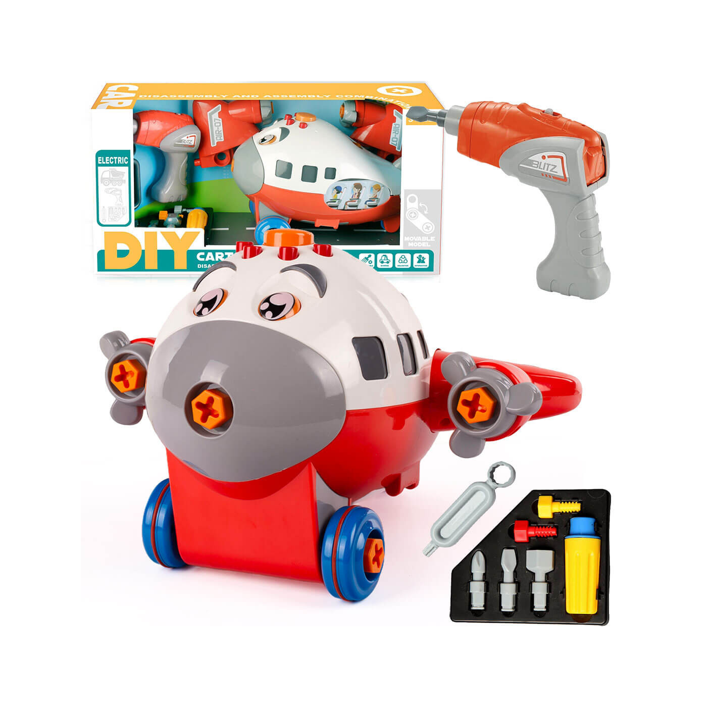 Samolot do skręcania z zestawem narzędzi i wkrętarką na baterie