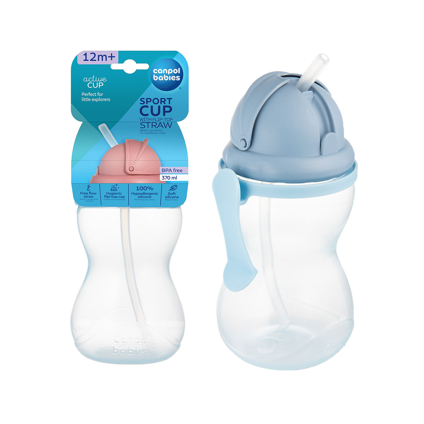 Bidon z miękką, składaną rurką silikonową 370ml Canpol kubek niebieski