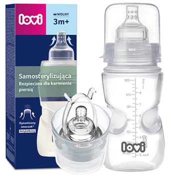 Butelka 250 ml + smoczek od 3 m-ca samosterylizująca Lovi