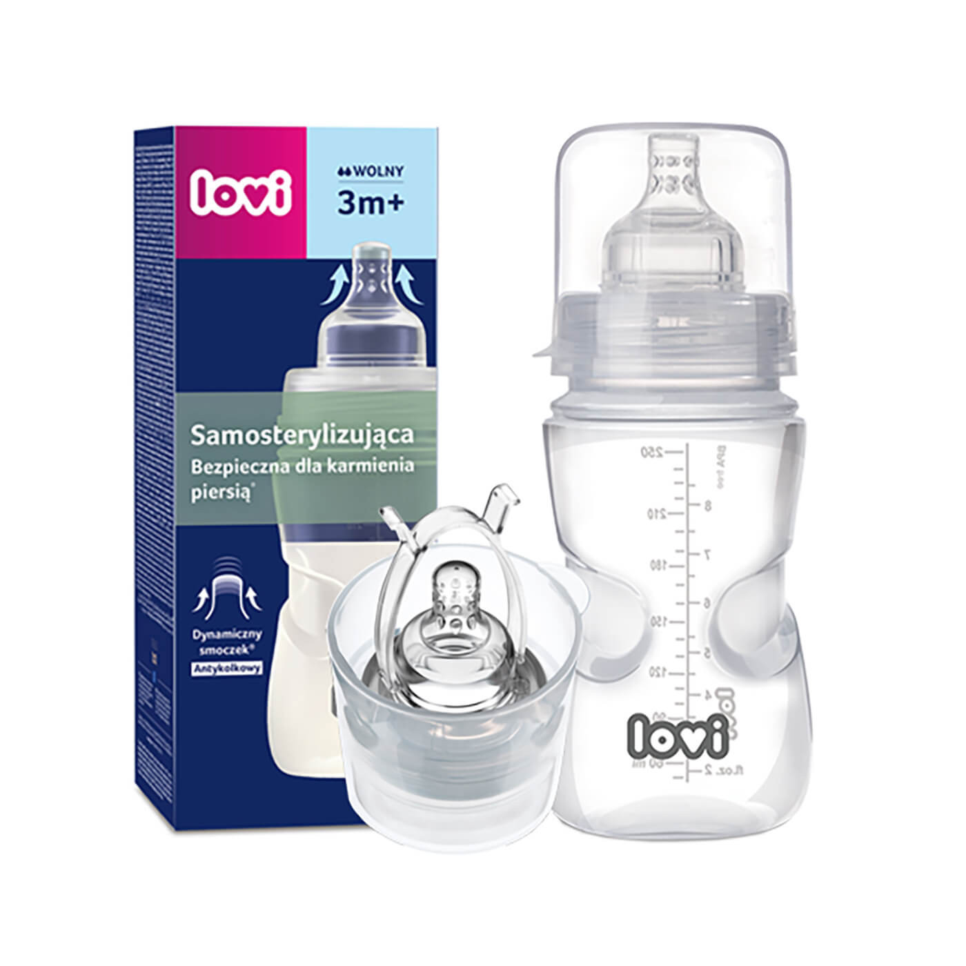 Butelka 250 ml + smoczek od 3 m-ca samosterylizująca Lovi
